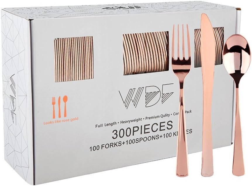 WDF300 Pieces Gold Plastic Silverware - Heavy Duty Disposable Gold Cutlery Set Plastic Gold Silverware Set Plastic Includes 100 Forks, 100 Spoons, 100 Knives