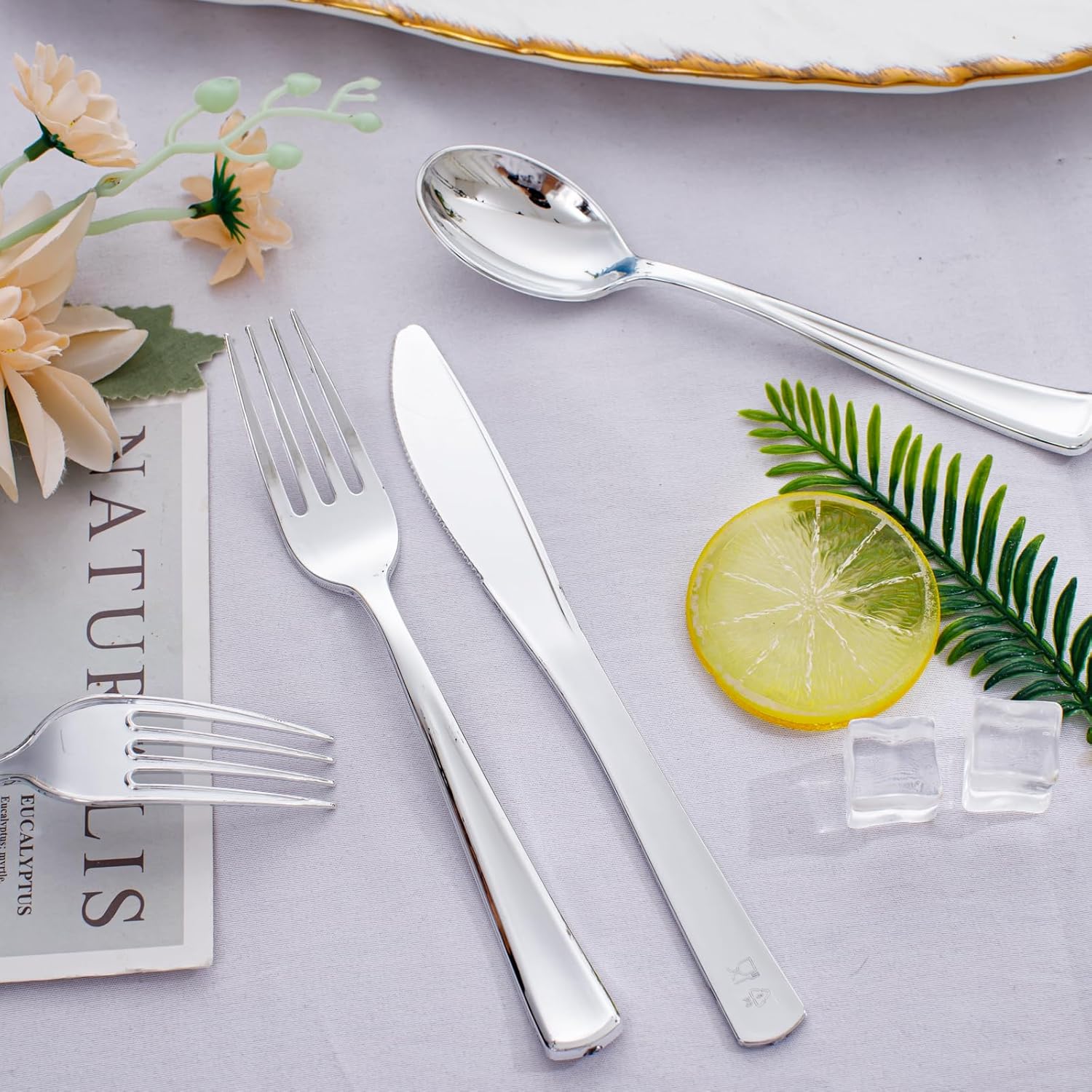 WDF300 Pieces Gold Plastic Silverware - Heavy Duty Disposable Gold Cutlery Set Plastic Gold Silverware Set Plastic Includes 100 Forks, 100 Spoons, 100 Knives