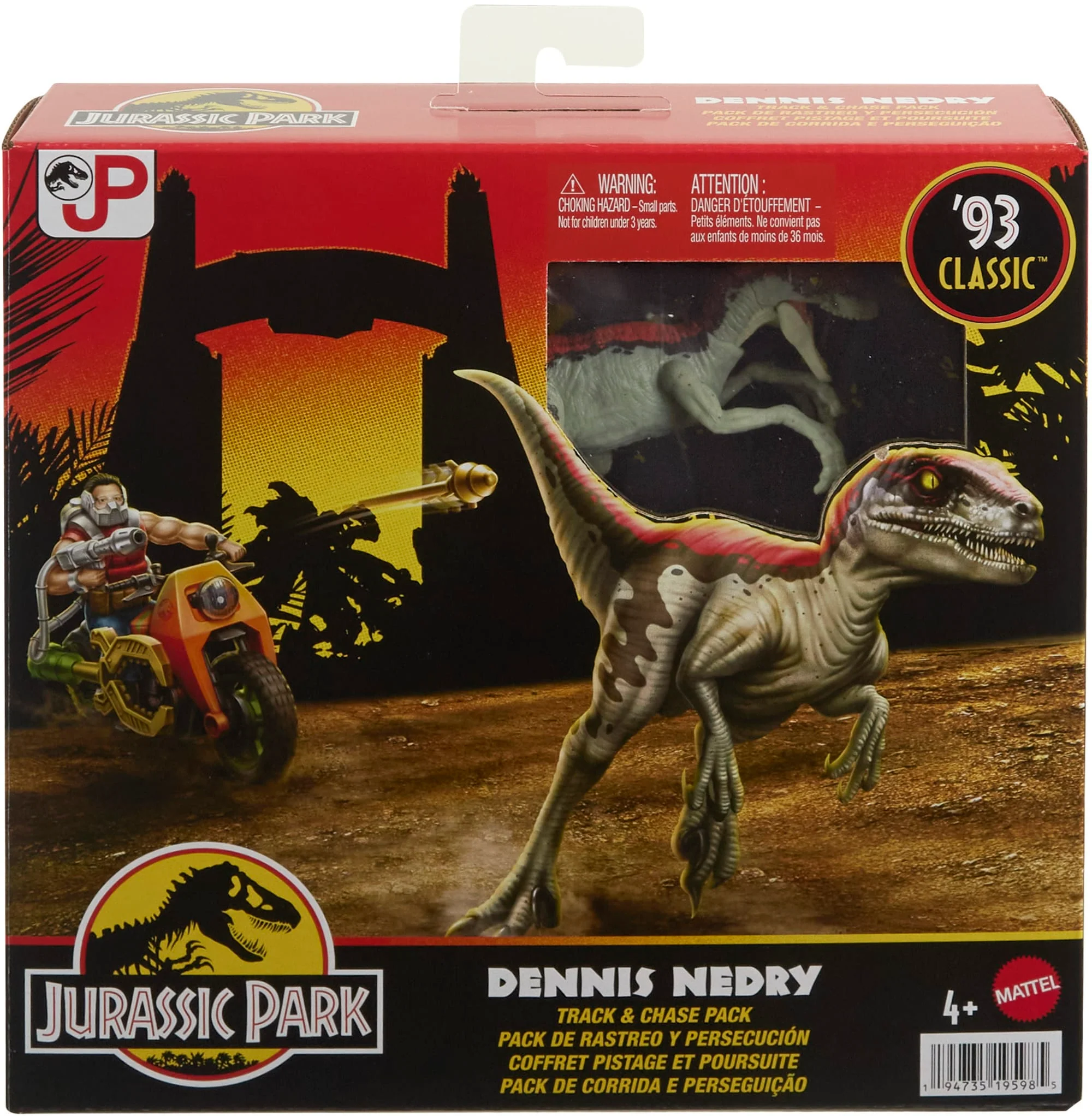 Jurassic Park ��93 Classic Dennis Nedry Action Figure, Motorcycle & Dinosaur Toy Set, 3.75-in Scale