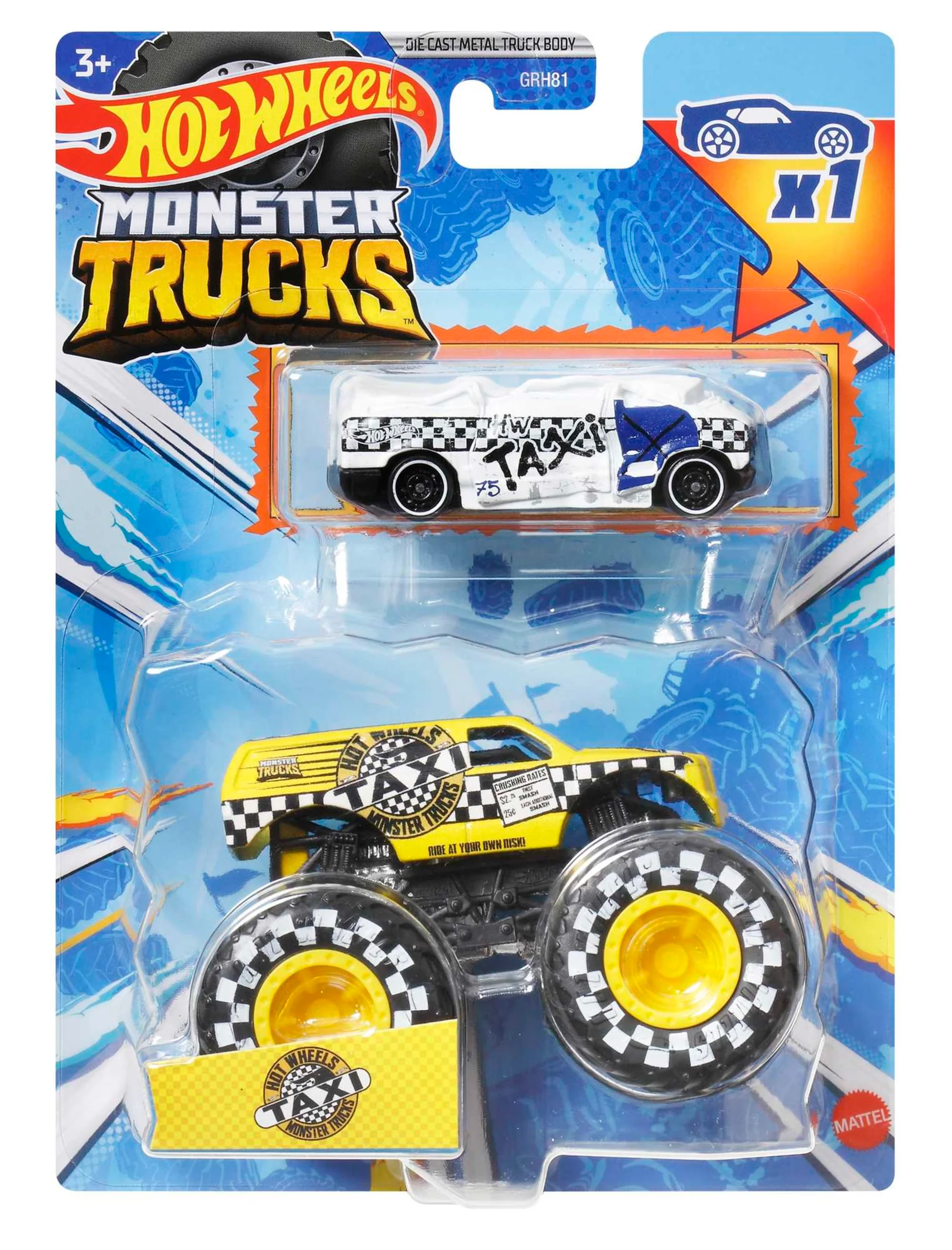 Hot Wheels Monster Trucks Ve��culo de Brinquedo Taxi Die Cast Blind Sided Taxi Crushed