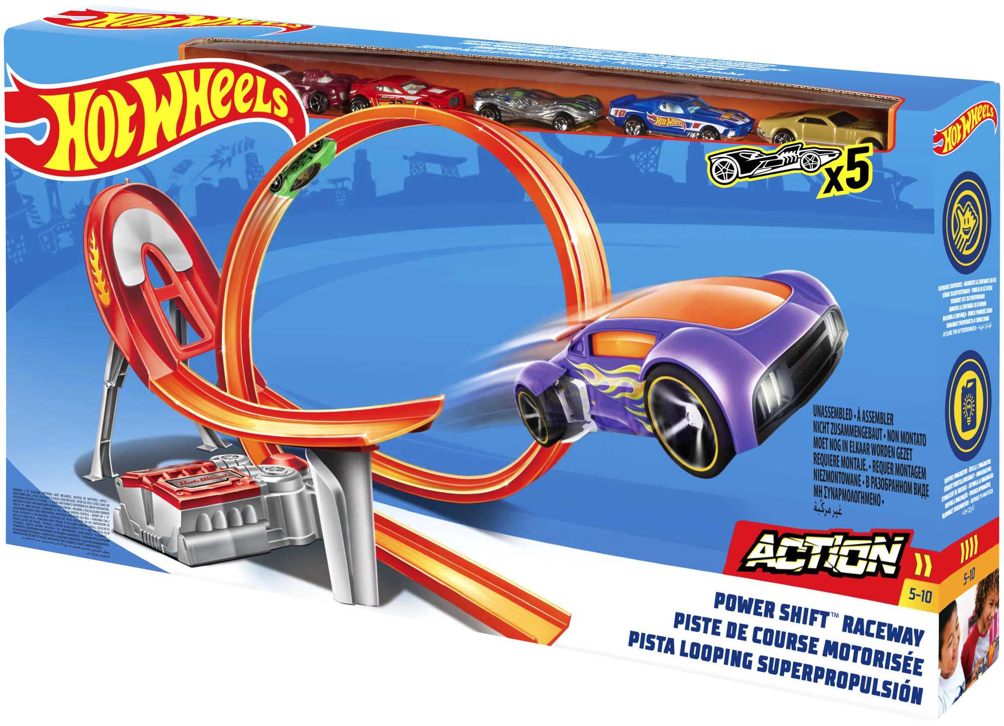 Hot Wheels Action Power Shift Motorized Raceway Track Set, Includes 5 Cars In 1:64 Scale