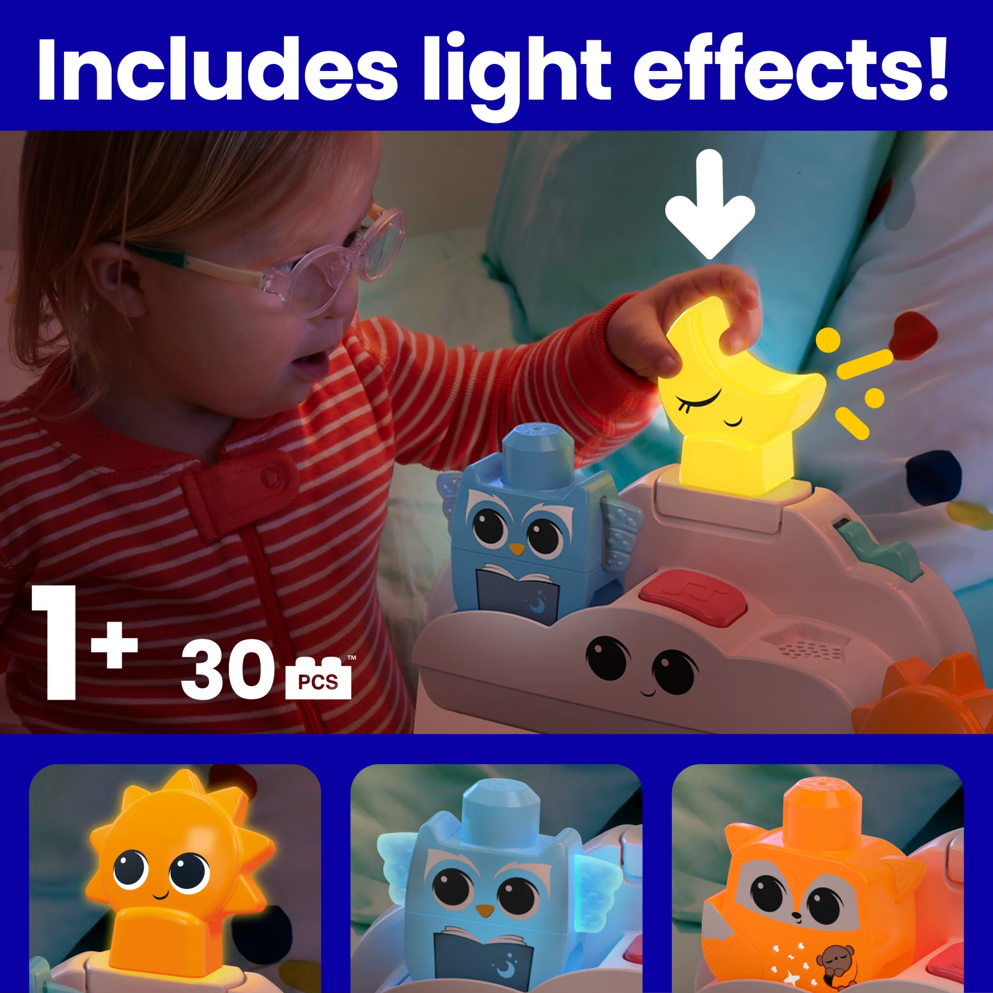 MEGA Bloks Fisher- Price Rise & Snooze Night Light Sensory Block Toy (30 Pieces) For Toddler