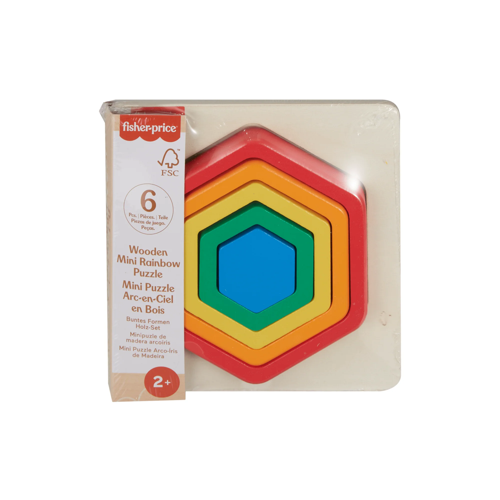 Fisher-Price Wooden Mini Rainbow Jigsaw Puzzle Hexagon For Toddlers & Kids, 5 Wood Pieces