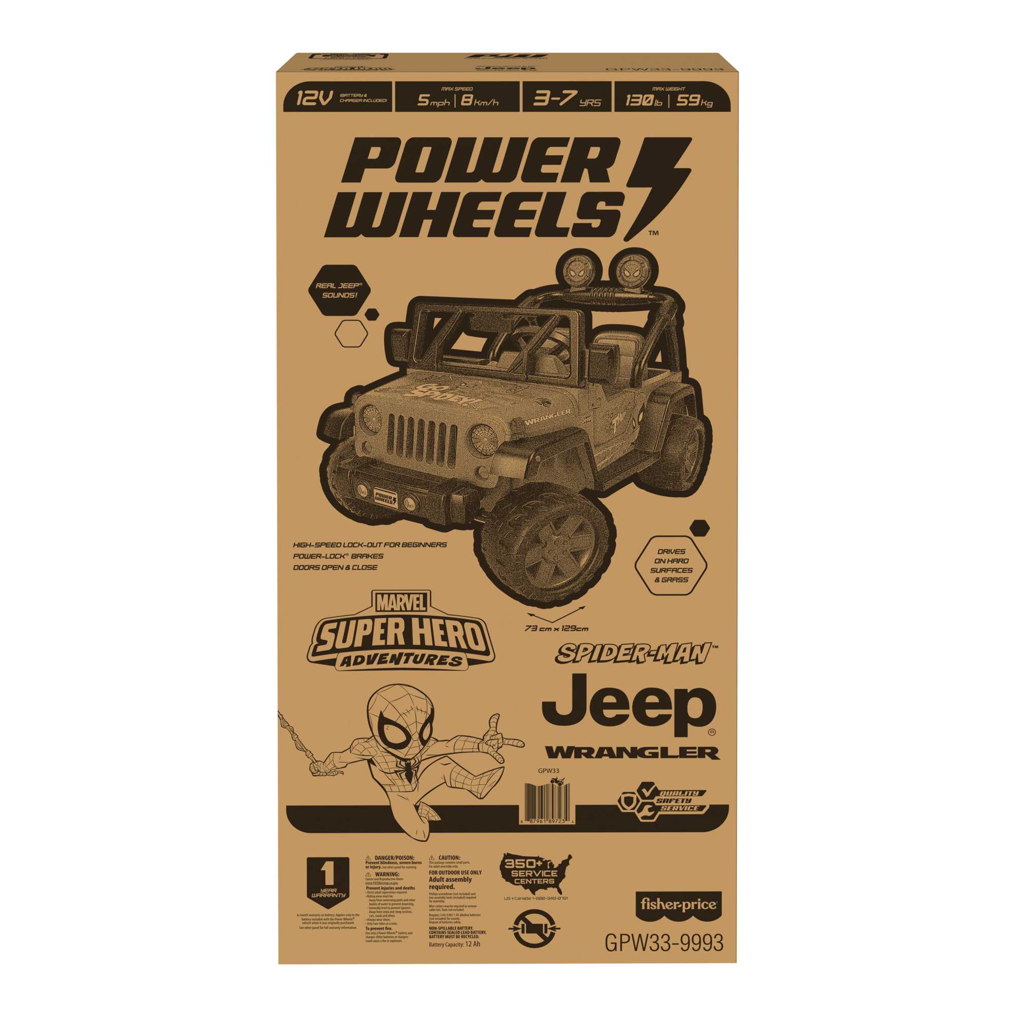 Power Wheels Spider-Man Jeep Wrangler Battery Powered 12V Ride On Vehicle