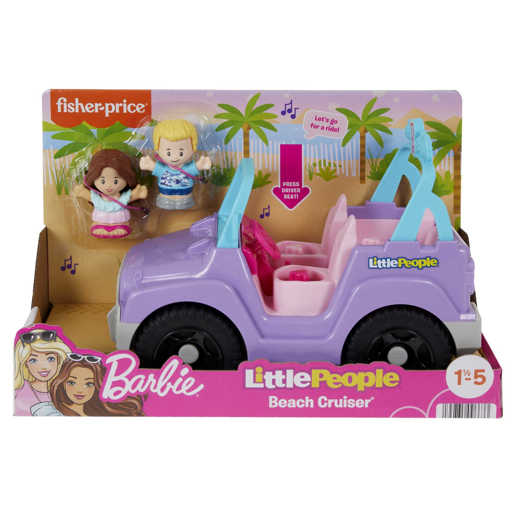Little People Barbie Toy Car With Sounds And 2 Figures, Beach Cruiser, Toddler Toys