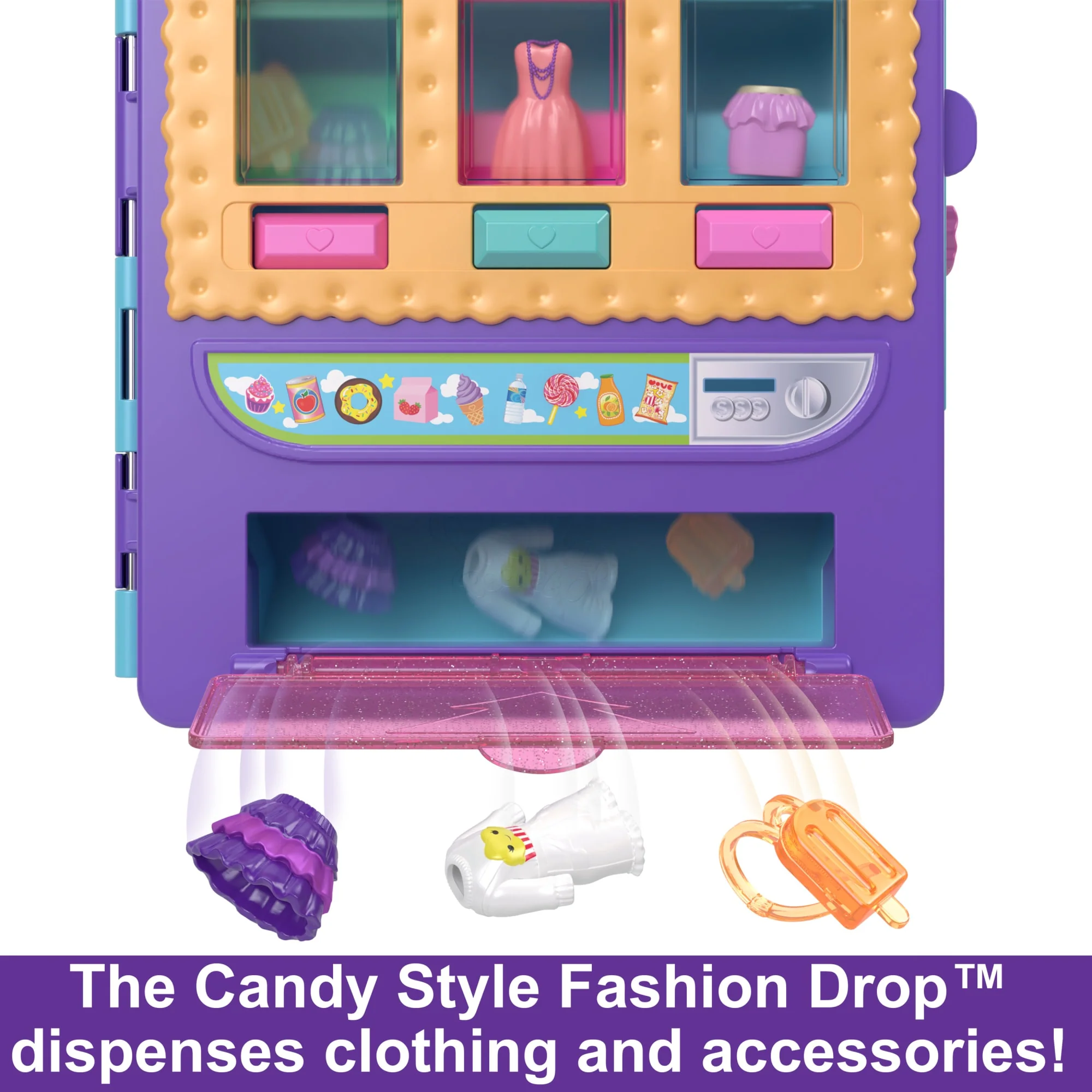 Polly Pocket Candy Style Fashion Drop Playset With 2 Dolls (3-inch), Vending Machine, 35+ Accessories