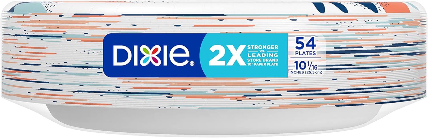 Dixie Large Paper Plates, 10 Inch, 54 Count, 2X Stronger*, Microwave-Safe, Soak-Proof, Cut Resistant, Disposable Plates For Everyday Breakfast, Lunch, & Dinner Meals