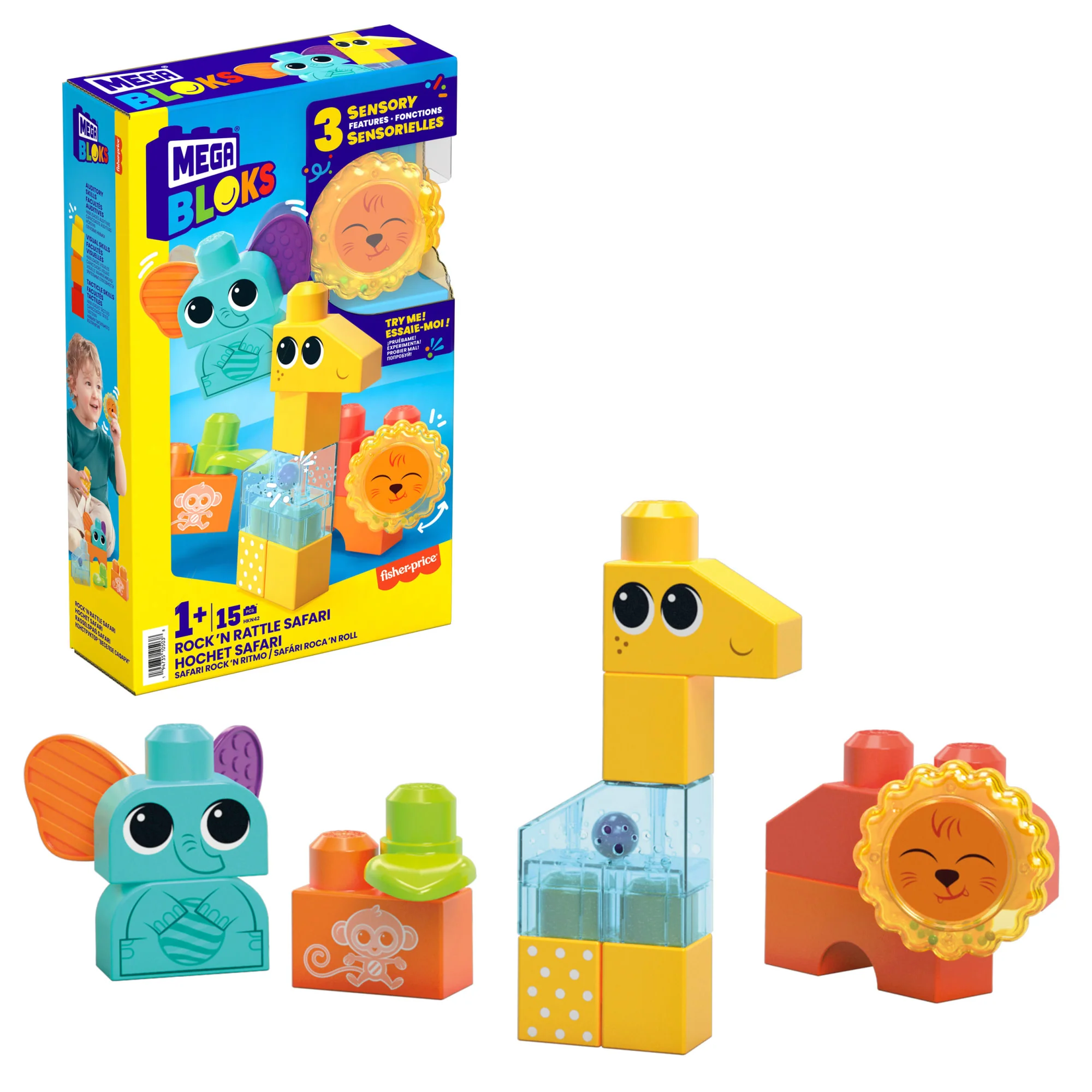 MEGA BLOKS Fisher-Price Sensory Toy Blocks Rock N Rattle Safari (15 Pieces) For Toddler