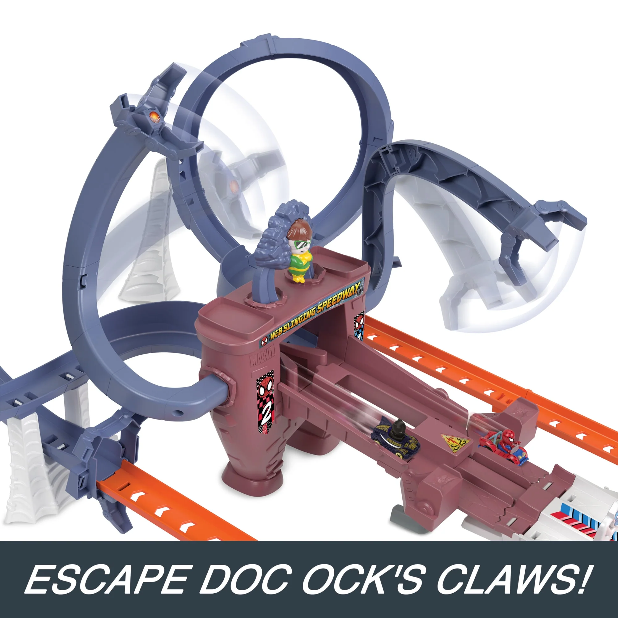 Hot Wheels Racerverse Spider-Man's Web-Slinging Speedway Track Set With 2 Hot Wheels Racers