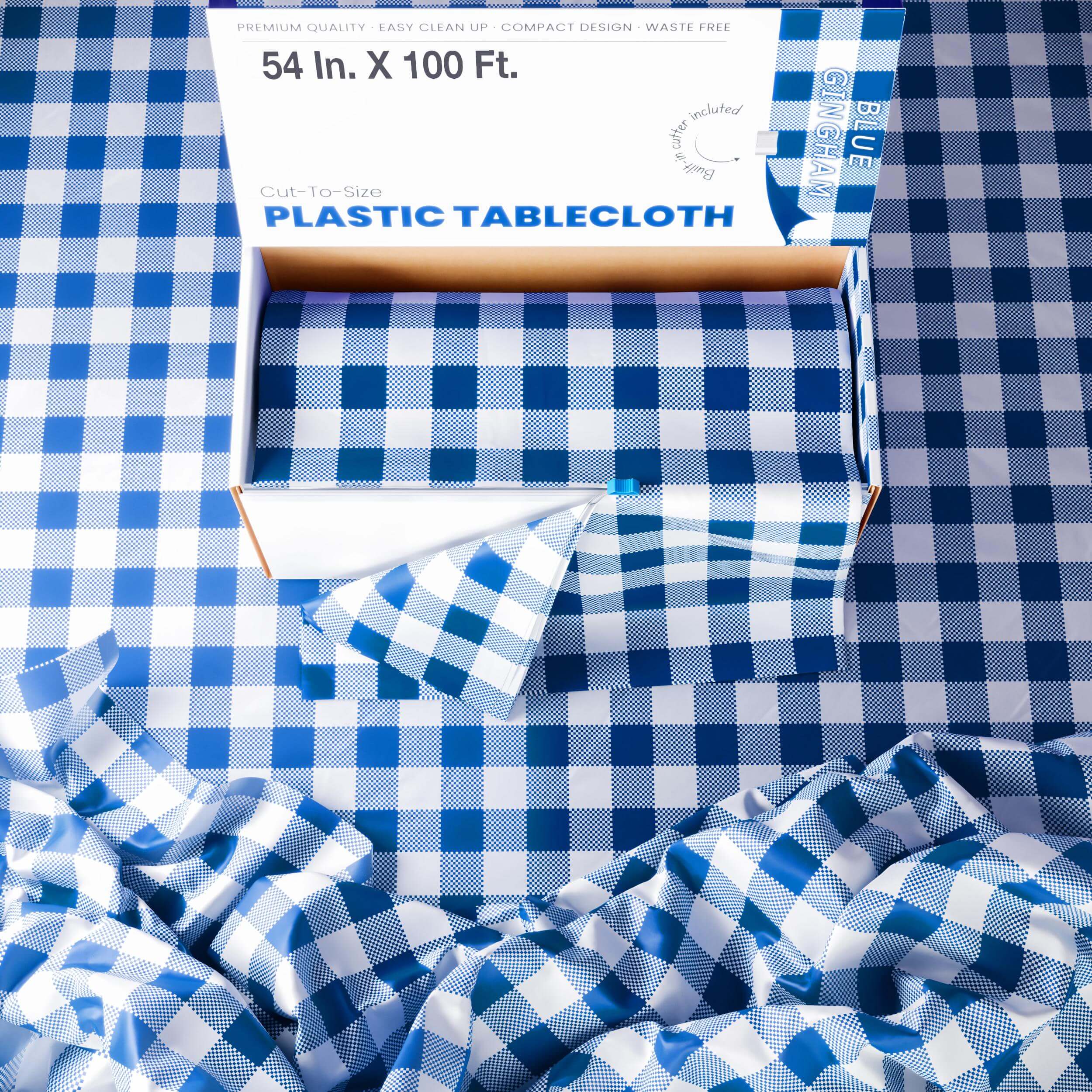 54 In. x 100 Ft. Cut to Size Table Cover | Blue Gingham