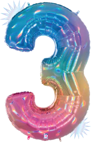 Betallic Number 3 Opal Rainbow 34 inch Holographic Shaped Foil Balloon Packaged 1ct