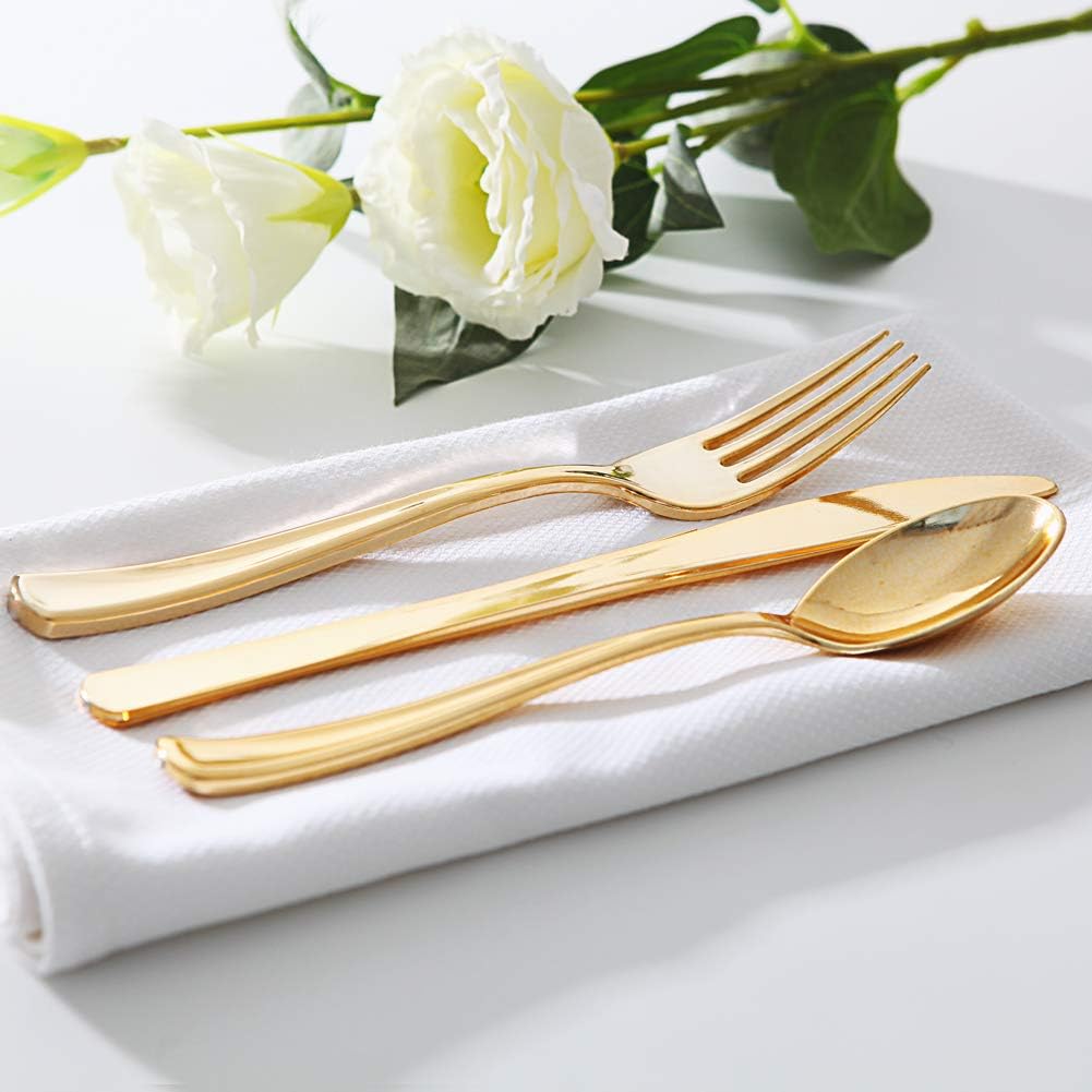WDF300 Pieces Gold Plastic Silverware - Heavy Duty Disposable Gold Cutlery Set Plastic Gold Silverware Set Plastic Includes 100 Forks, 100 Spoons, 100 Knives