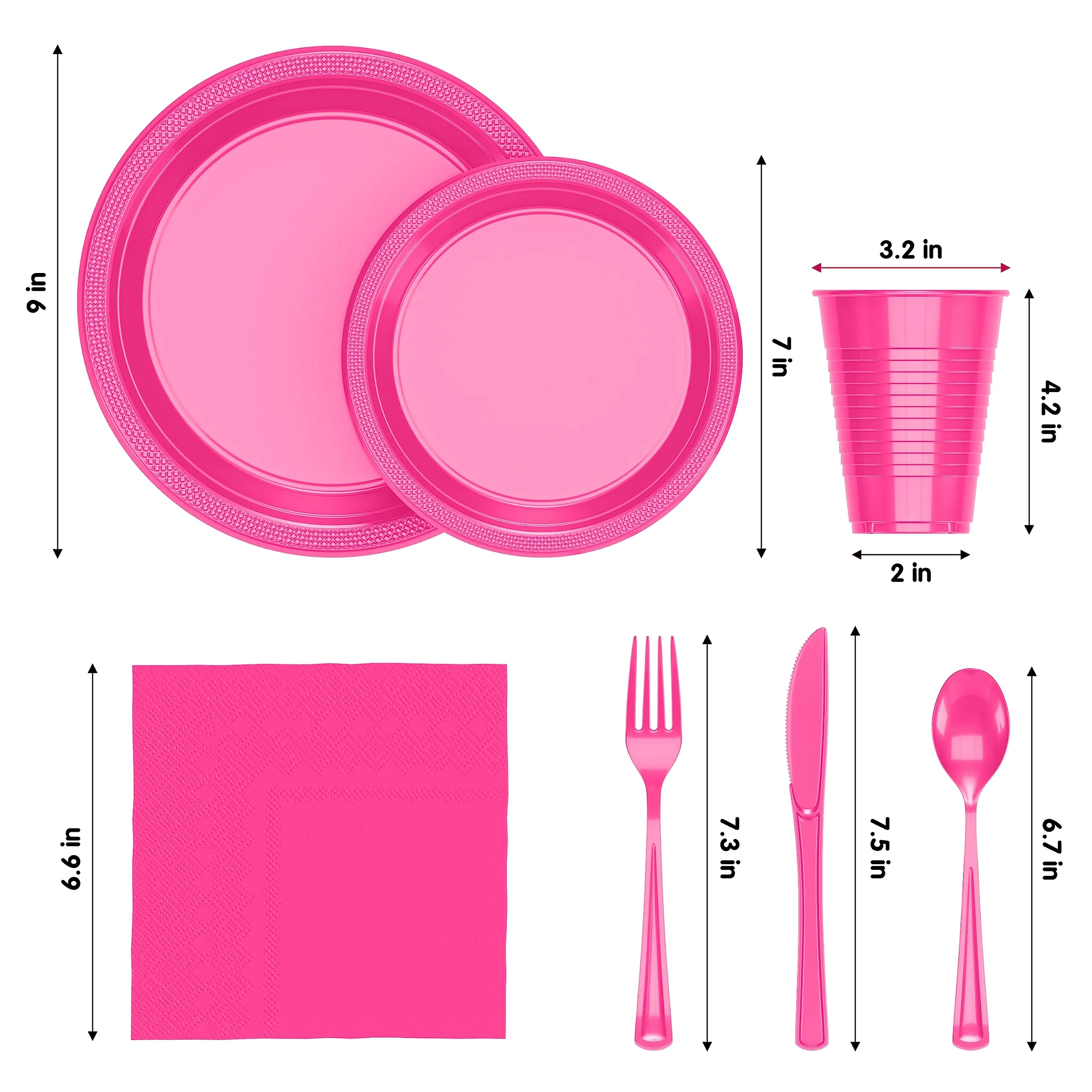 350 Pcs Hot Pink Plastic Disposable Tableware Set