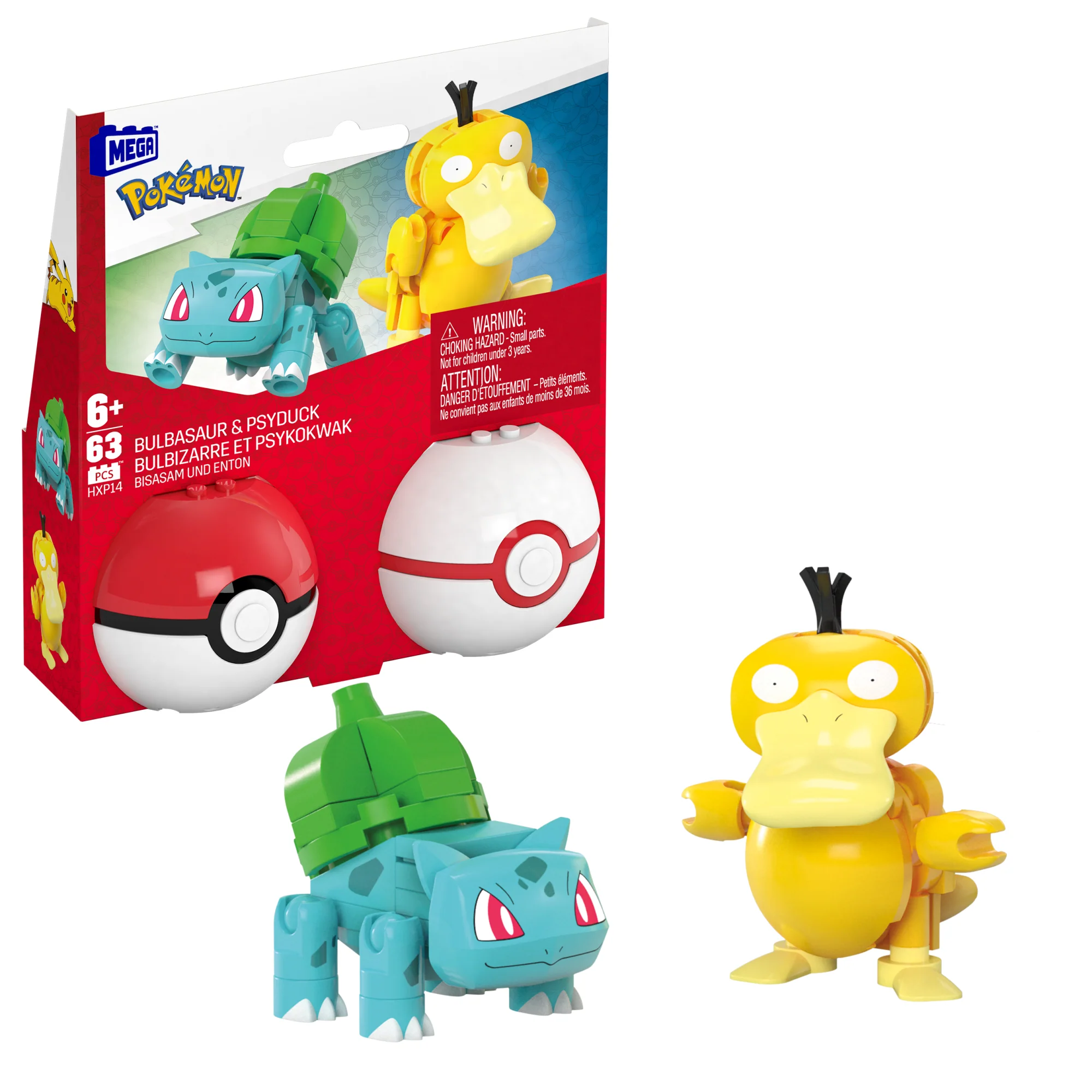 MEGA Pok��mon Bulbasaur & Psyduck Building Toy Kit, 2 Action Figures (63 Pieces) For Kids