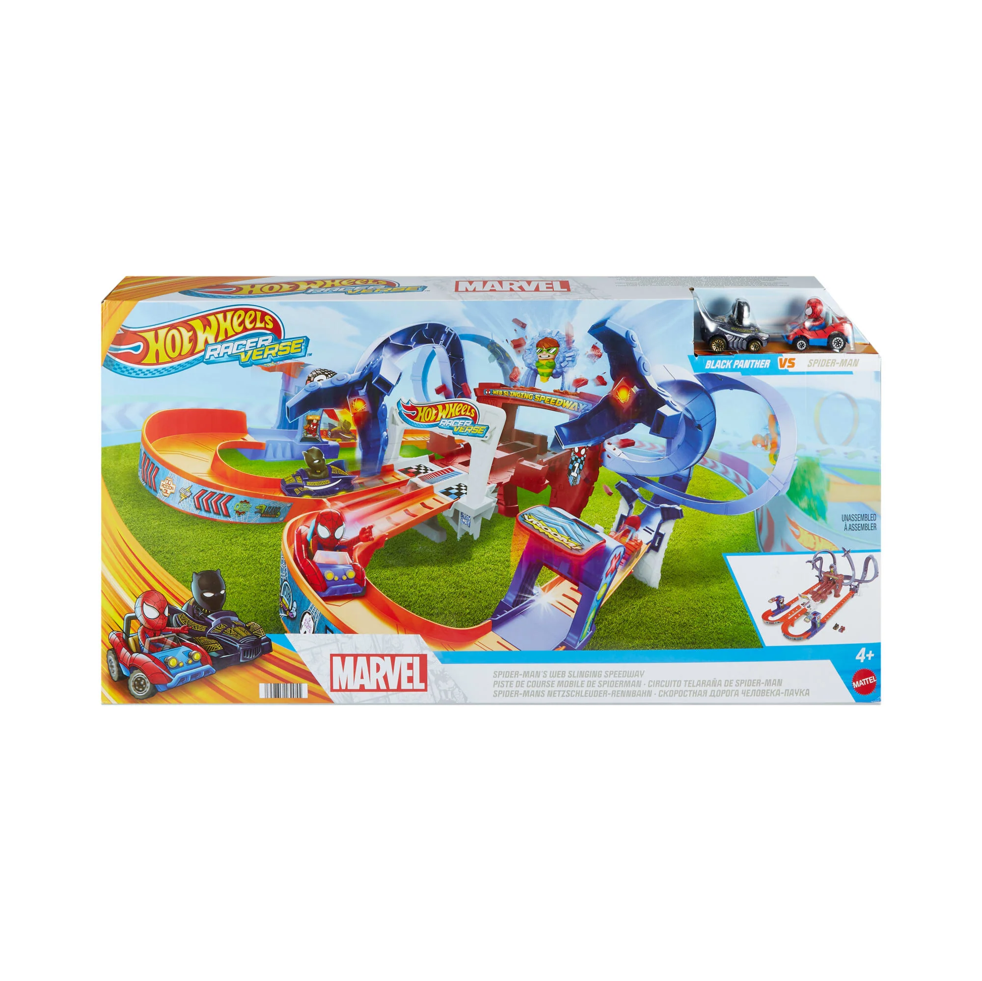 Hot Wheels Racerverse Spider-Man's Web-Slinging Speedway Track Set With 2 Hot Wheels Racers