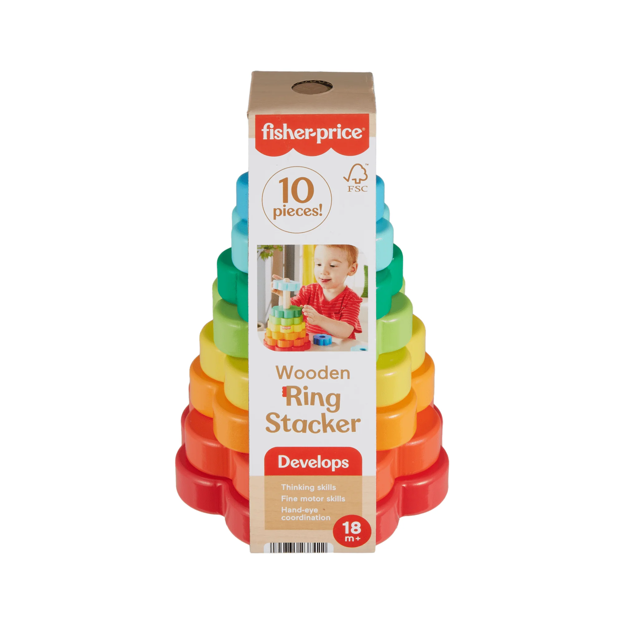 Fisher-Price Wooden Ring Stacker Toddler Fine Motor Toy, 10 Wood Pieces