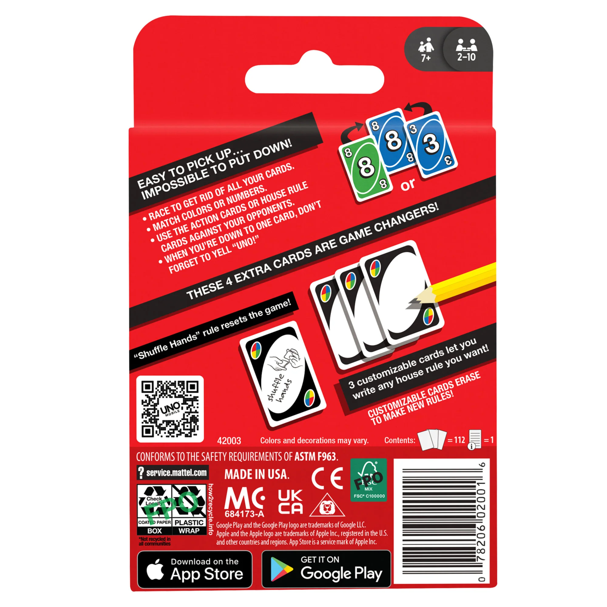 UNO Color & Number Matching Card Game For 2-10 Players Ages 7Y+