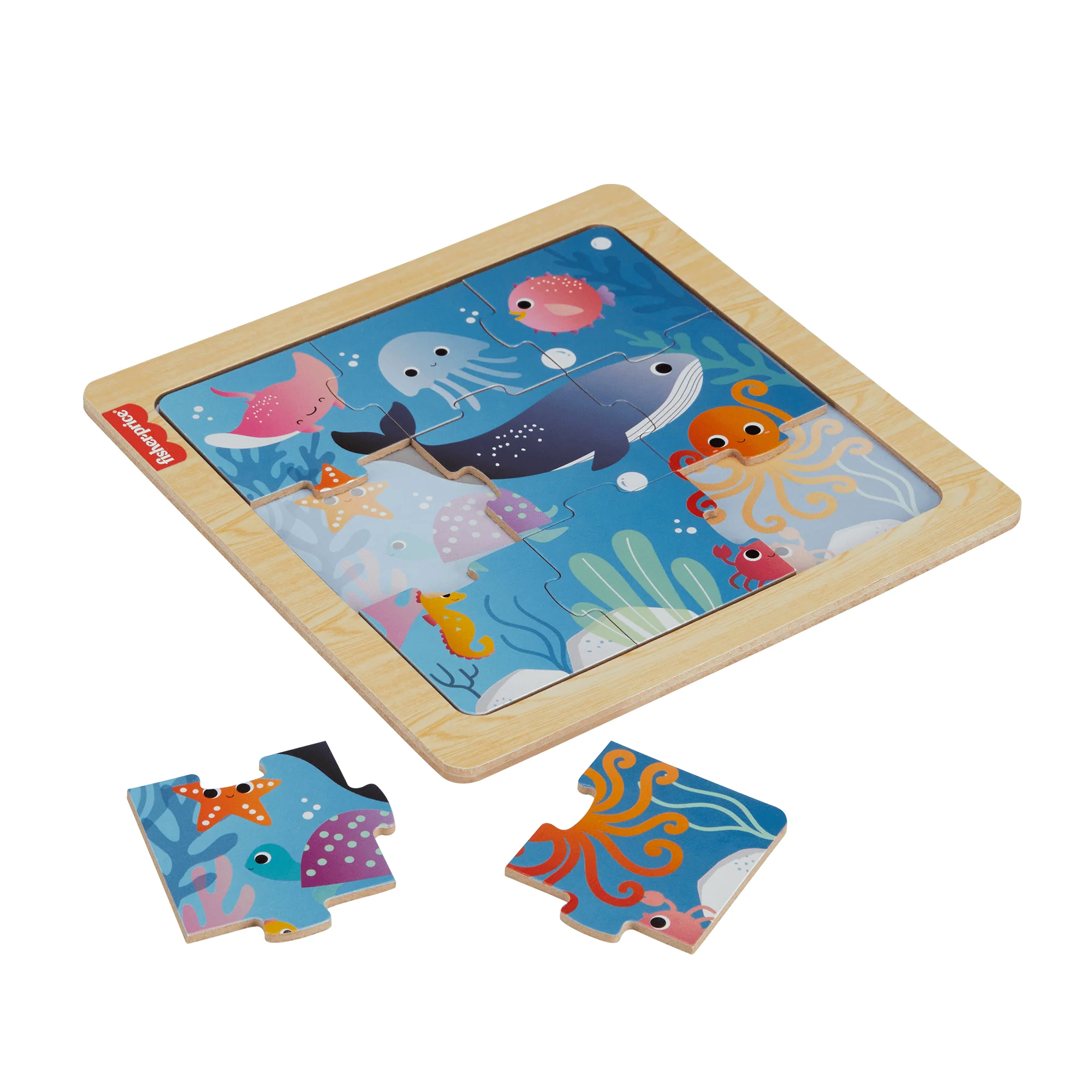 Fisher-Price Wooden Jigsaw Puzzle Ocean Sea Theme For Toddlers & Preschool Kids, 9 Wood Pieces