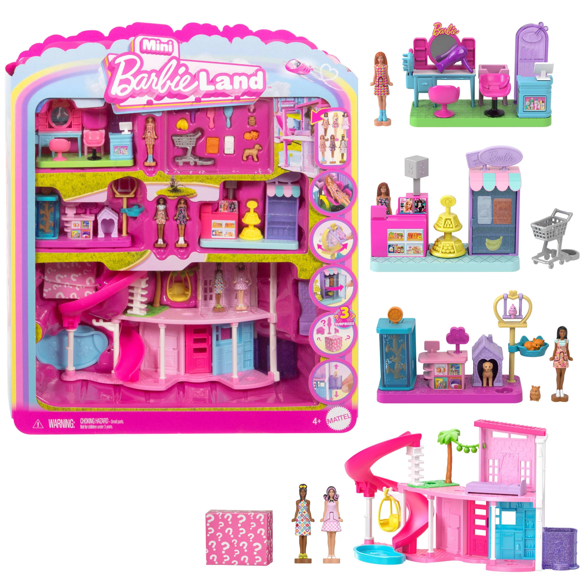 Barbie Mini Barbie Land Dreamhouse & 3 Playsets With 4 1.5-Inch Dolls, Furniture & Accessories