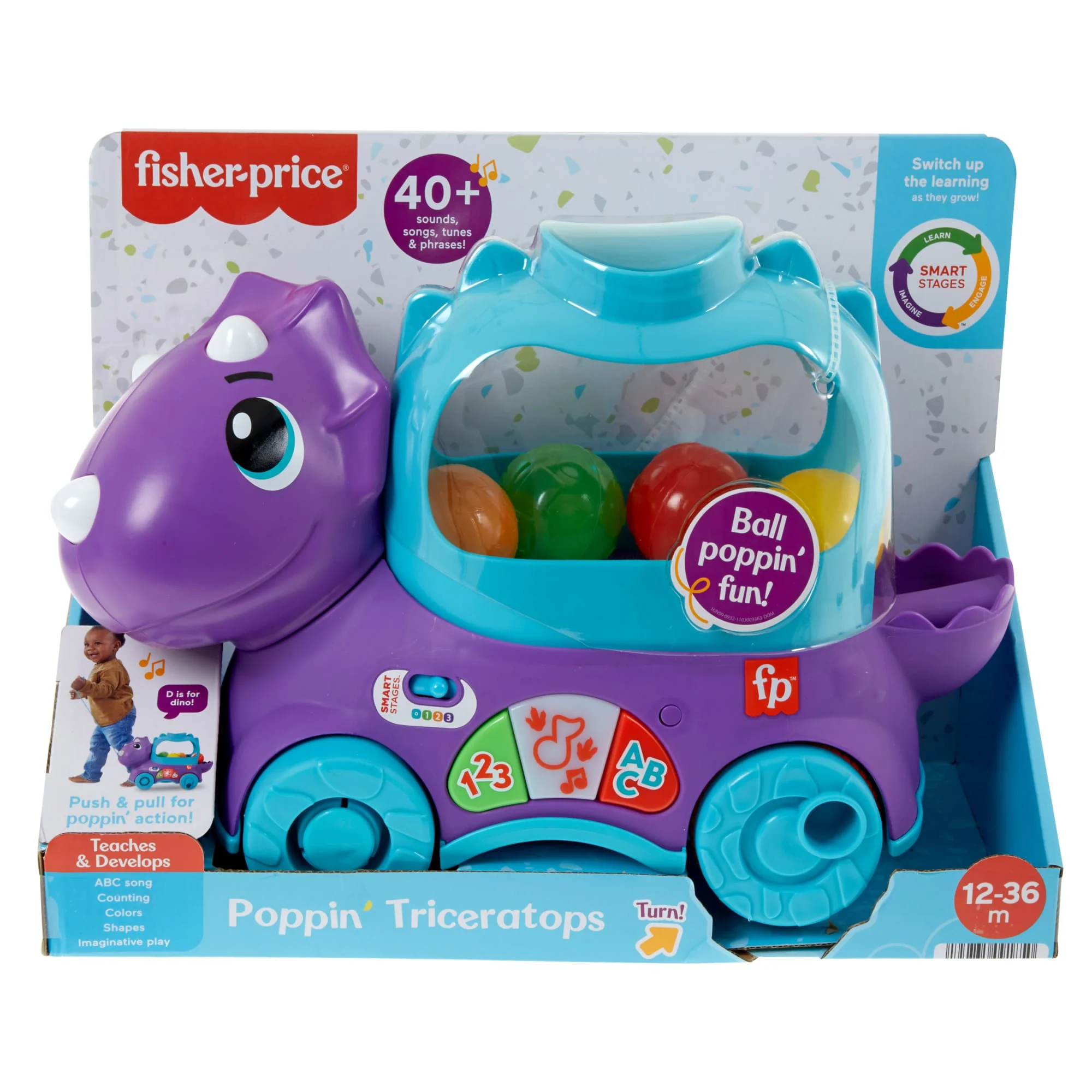 Fisher-Price Poppin�� Triceratops Dinosaur Interactive Musical Learning Toy For Toddlers, 4 Balls