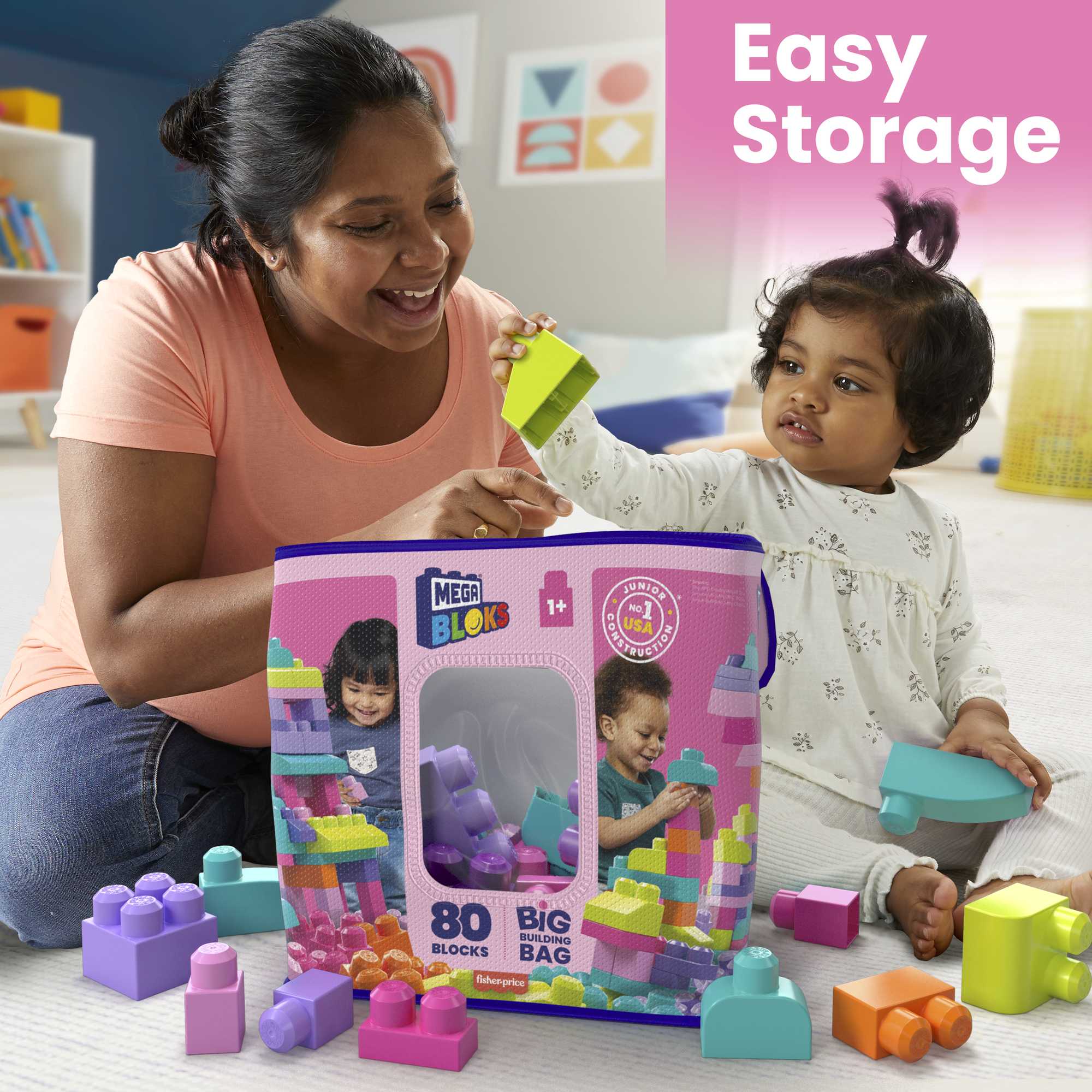 MEGA BLOKS Fisher-Price Toy Blocks Pink Big Building Bag With Storage (80 Pieces) For Toddler