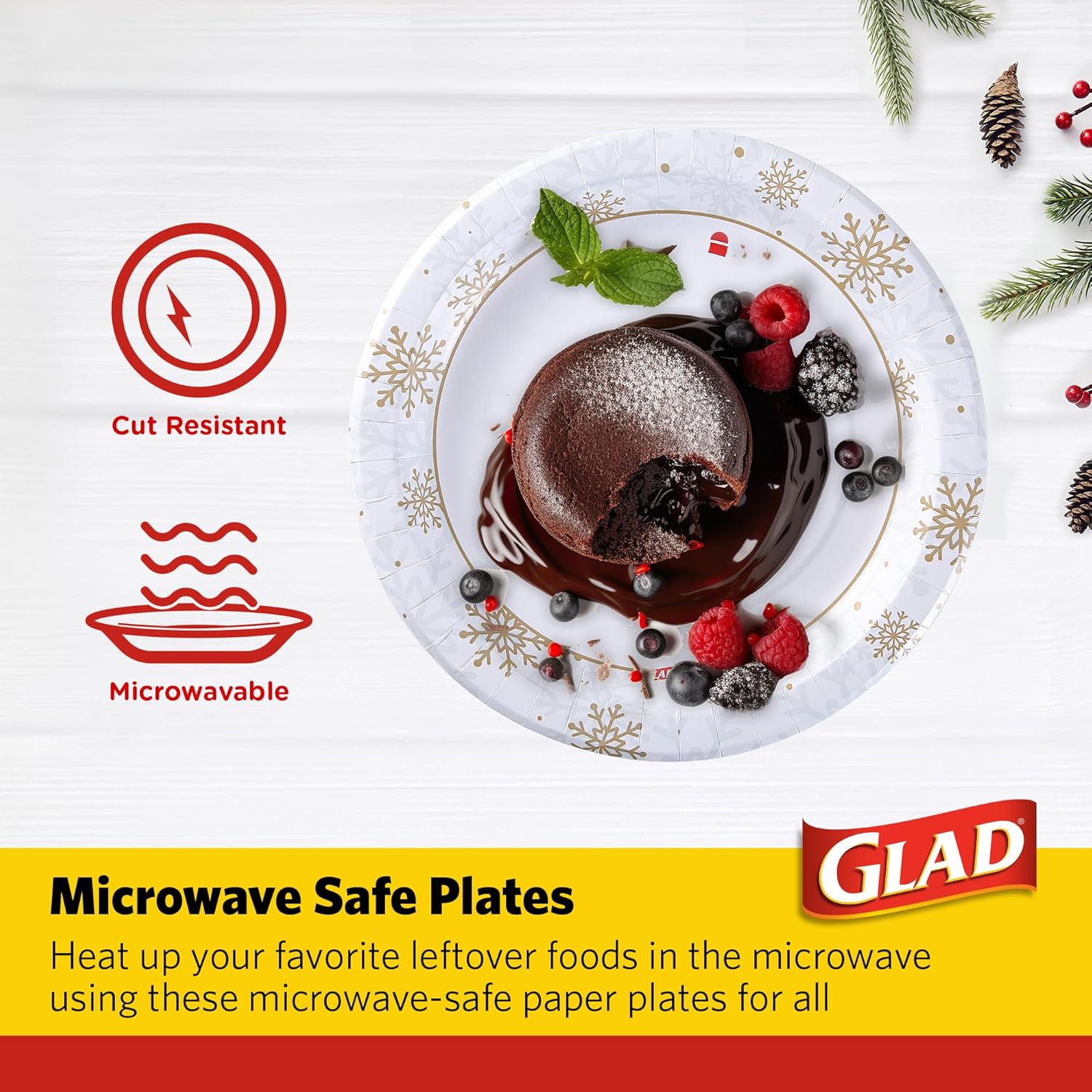 Glad Disposable Holiday Paper Plates, 10 Inch, 20 Count - Red Snowflake Design, Heavy Duty and Microwavable