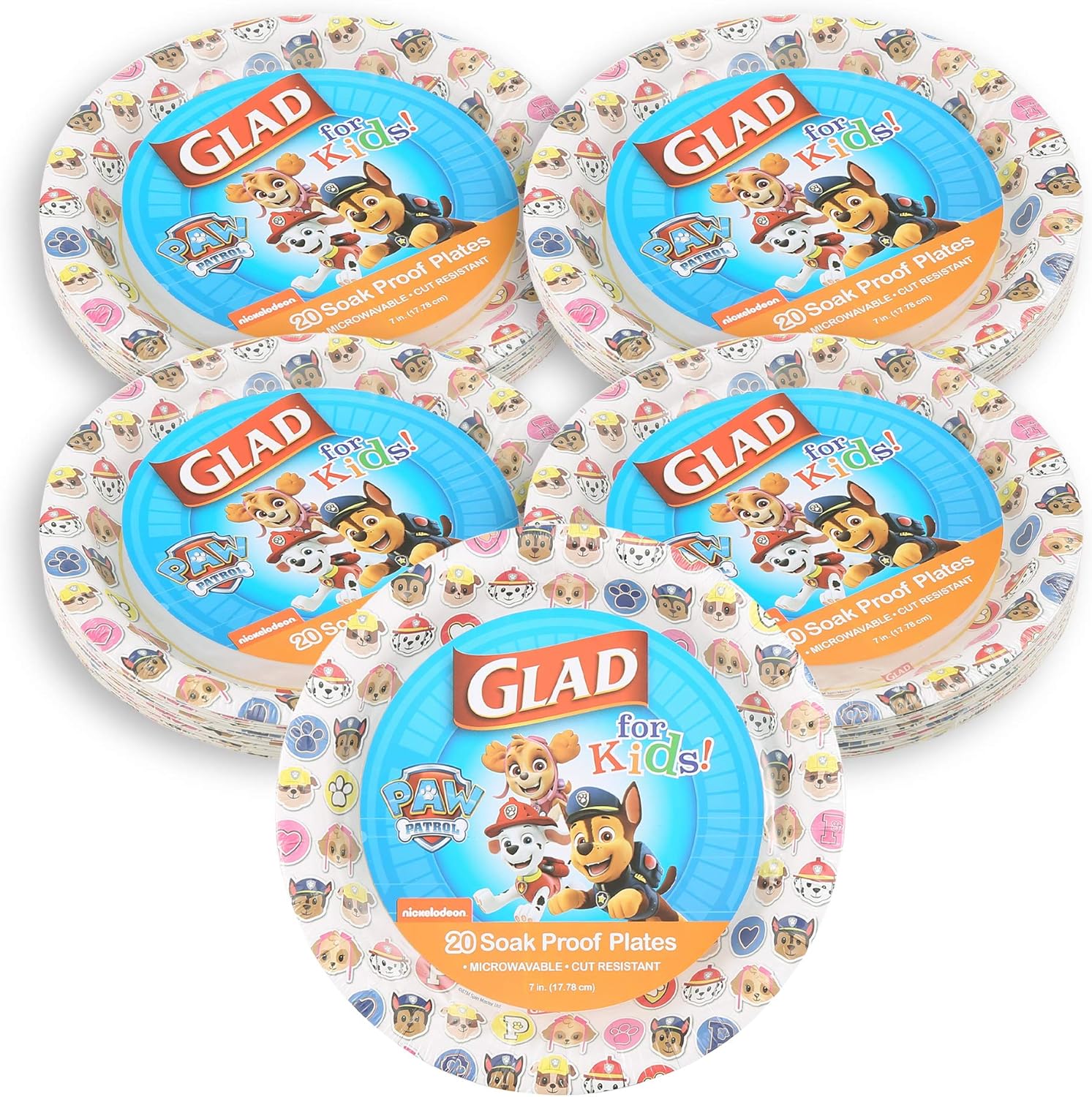 Glad for Kids Paw Patrol Emoji Disposable Paper Plates - Soak Proof, Microwave Safe Snack Plates, Kid Friendly Dinnerware for Everyday Use, 7 Inch, 20 Count