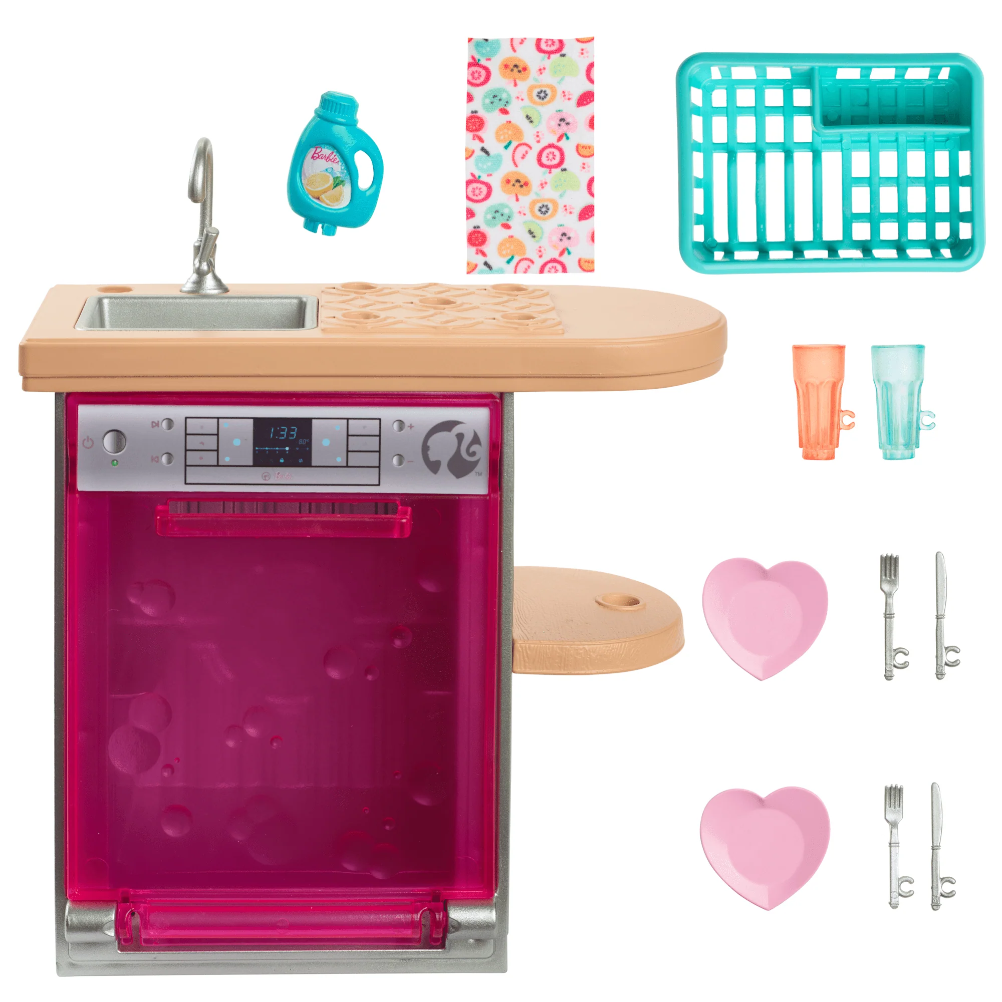 Barbie World Toy Dishwasher Set With 9 Dollhouse Kitchen Accessories Including Plates, Drying Rack, & More