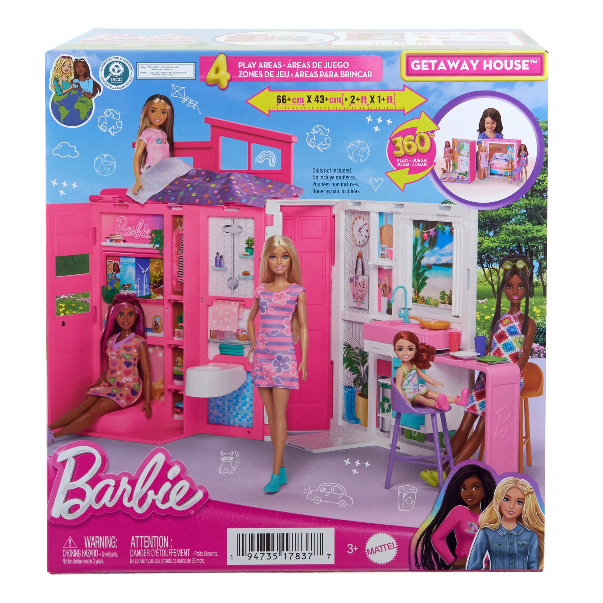Barbie Getaway House, Doll House Playset With 4 Play Areas And 11 Decor Accessories