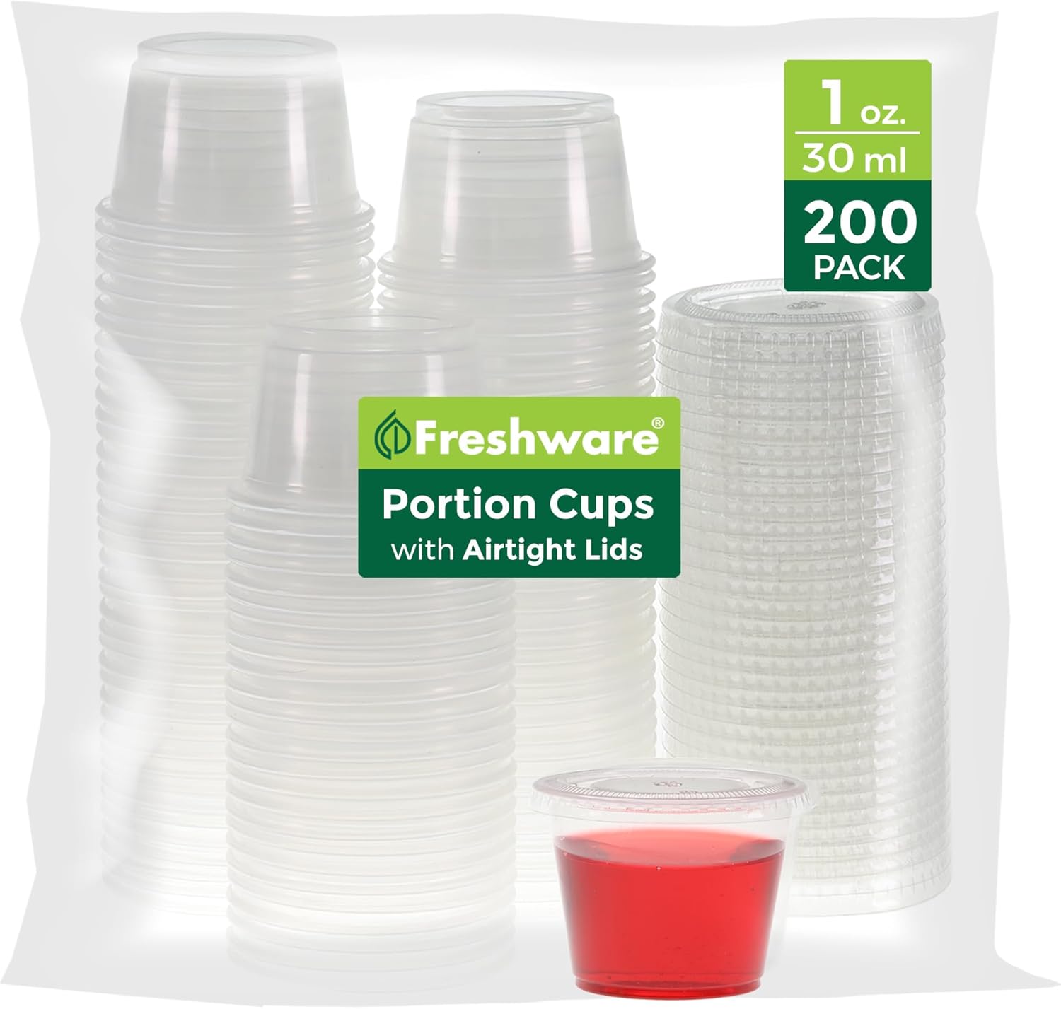 Freshware 200-Piece Polypropylene Portion Cups, Clear | 2 Ounce | 200 Sets | Cups with Lids