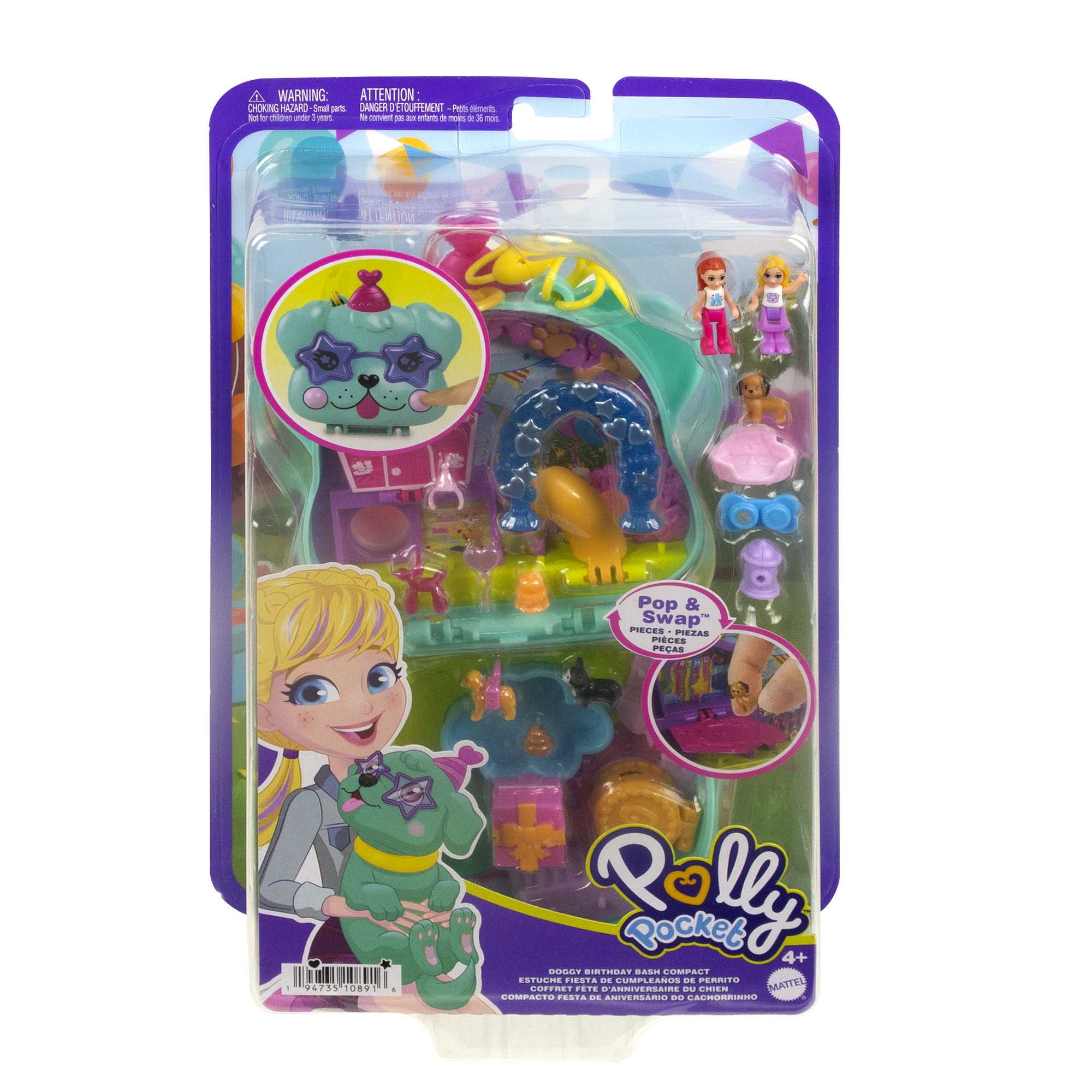 Polly Pocket Doggy Birthday Bash Compact Playset With 2 Micro Dolls, 14 Accessories & 5 Features