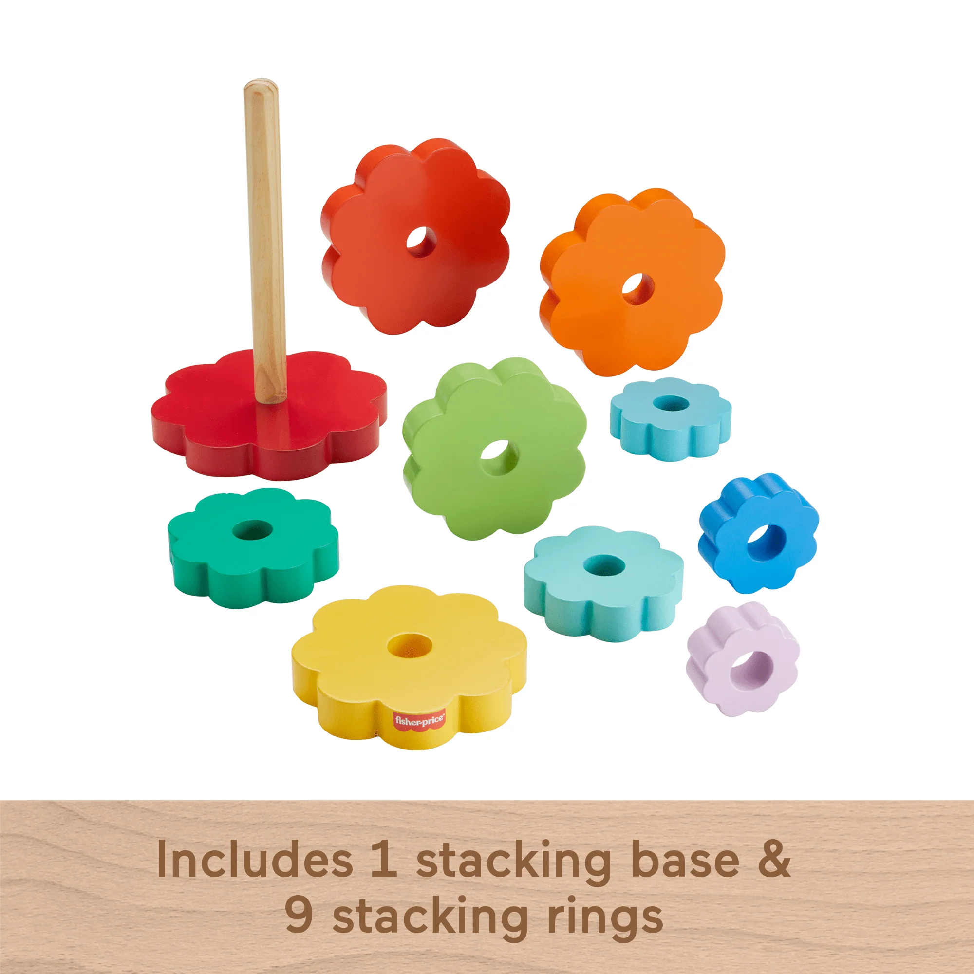 Fisher-Price Wooden Ring Stacker Toddler Fine Motor Toy, 10 Wood Pieces