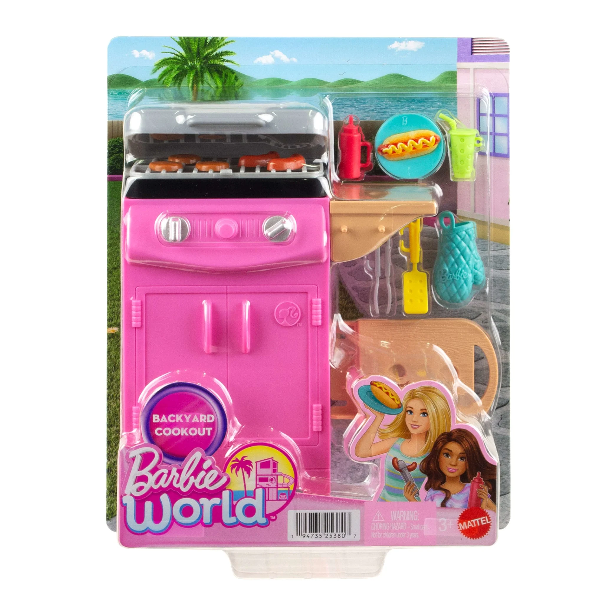 Barbie World Toy BBQ Grill Playset With 7 Dollhouse Accessories Including Grill With Working Lid & Food