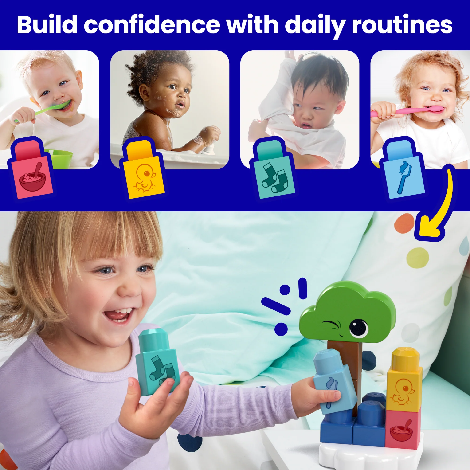 MEGA Bloks Fisher- Price Rise & Snooze Night Light Sensory Block Toy (30 Pieces) For Toddler