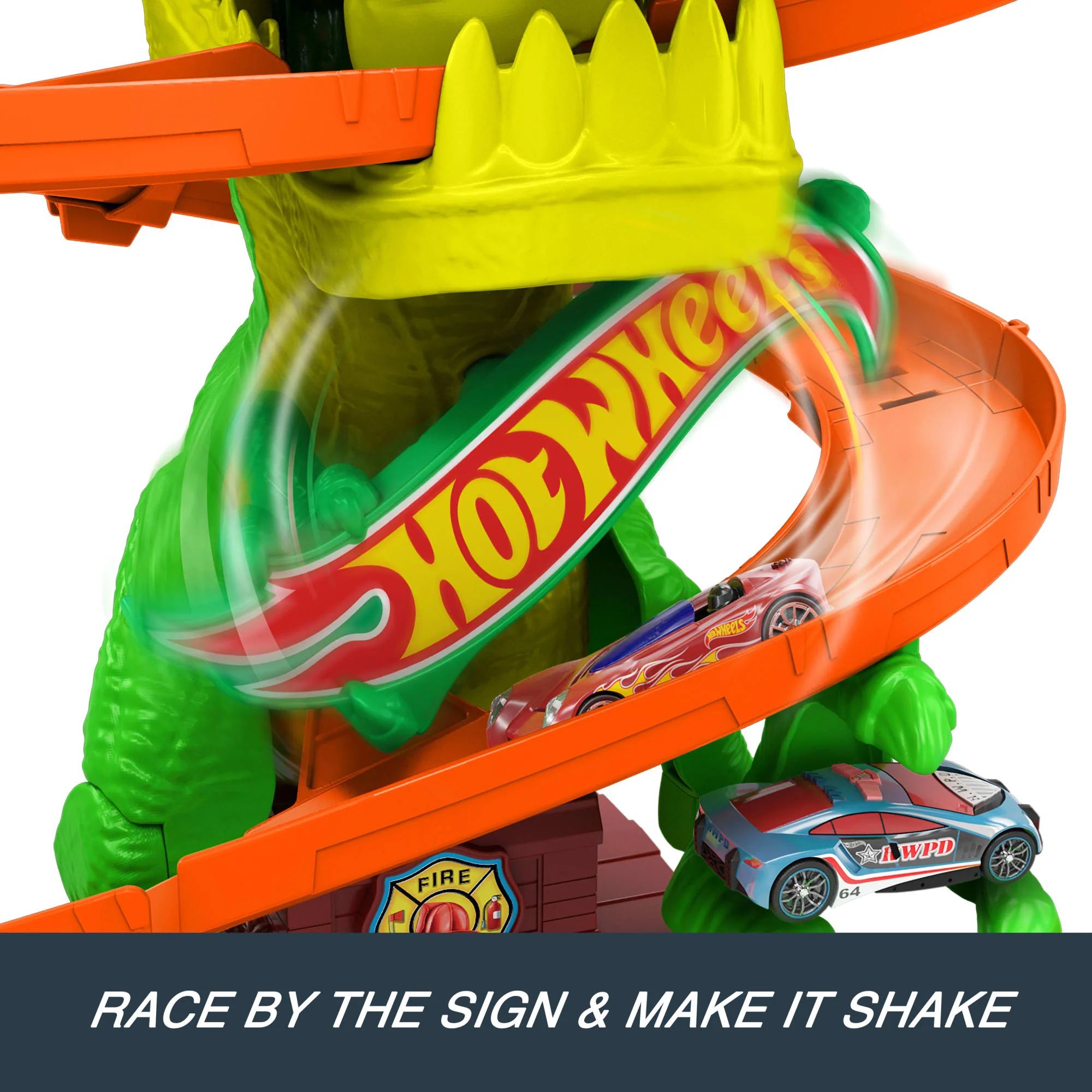 Hot Wheels City T-Rex Blaze Battle Playset & 1:64 Scale Die-Cast Car, Dinosaur Nemesis