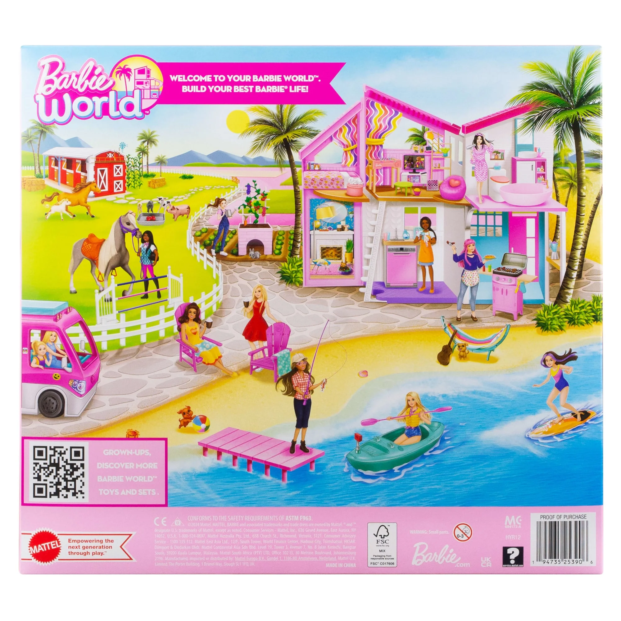 Barbie World Kayak & Surf Playset With 17 Camping Accessories Including Kayak Boat, Surfboard & More