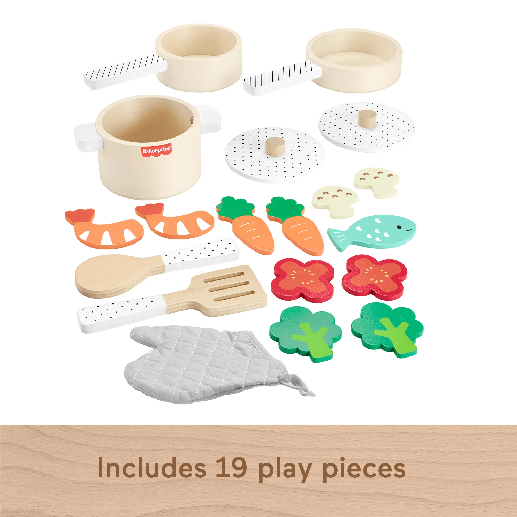 Fisher-Price Wooden Pots & Pans Set For Preschool Kitchen Pretend Play, 19 Wood Pieces