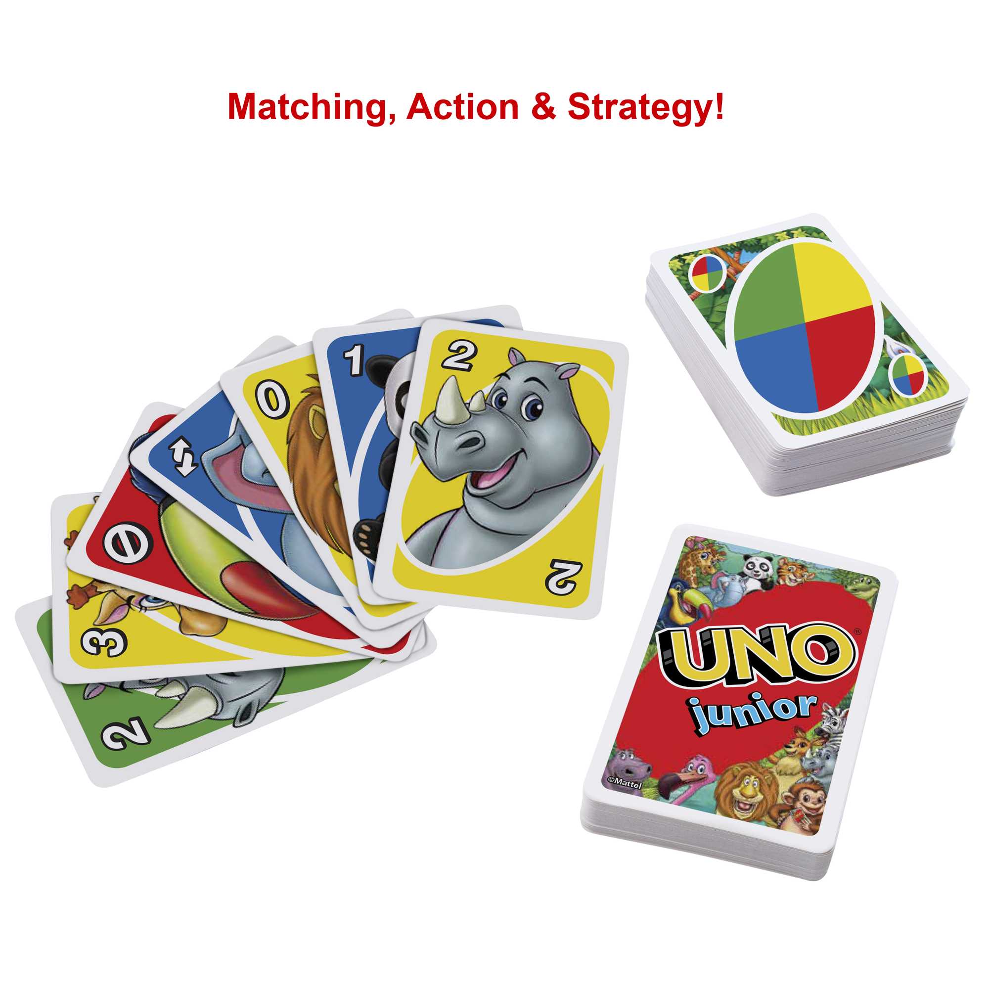 UNO Junior Card Game For Kids With Simple Rules & Animal Matching For 2-4 Players