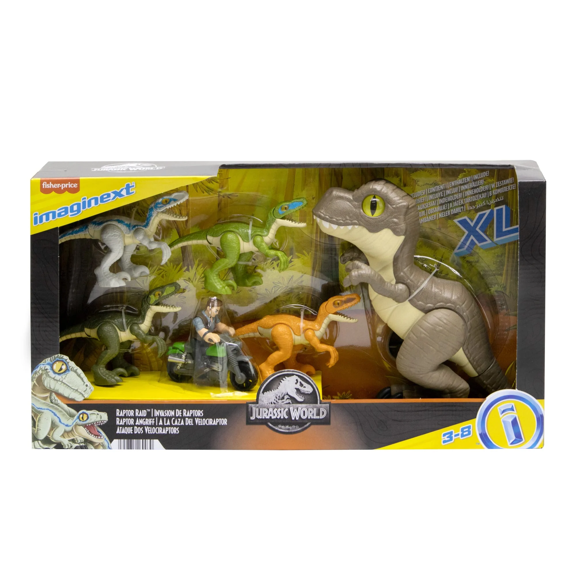 Imaginext Jurassic World Owen Grady With Raptors And T. Rex Dinosaurs, Raptor Raid, 7 Pieces