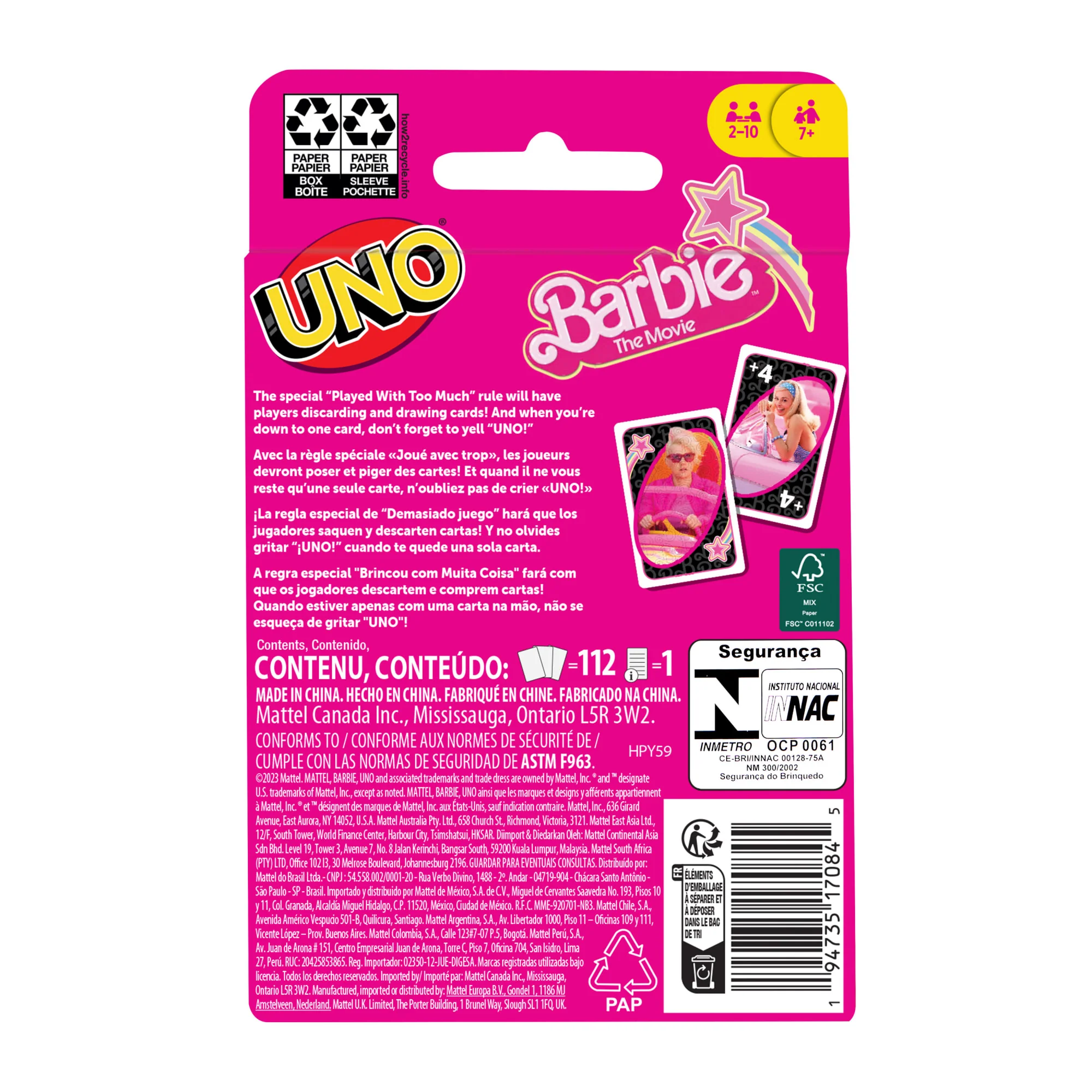 UNO Barbie The Movie Card Game, inspired By The Movie