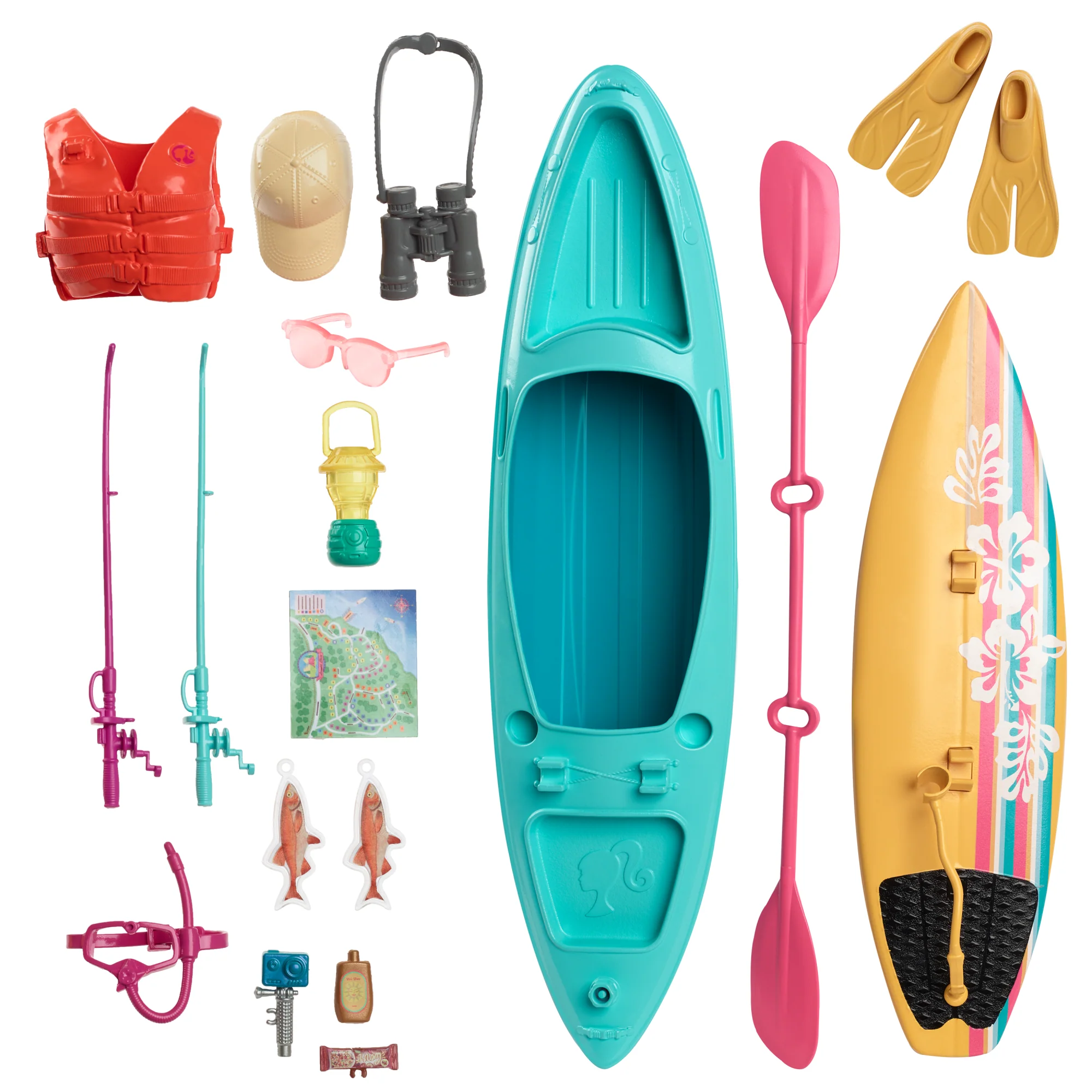Barbie World Kayak & Surf Playset With 17 Camping Accessories Including Kayak Boat, Surfboard & More
