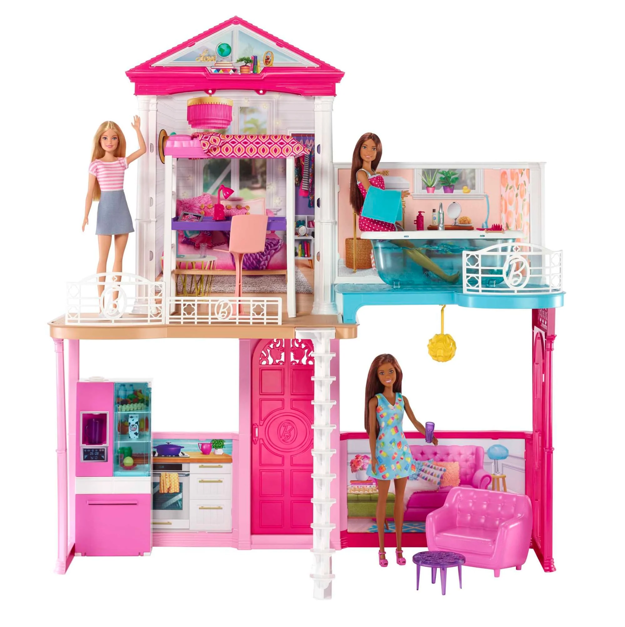 Barbie Dollhouse And Furniture Set With 3 Dolls