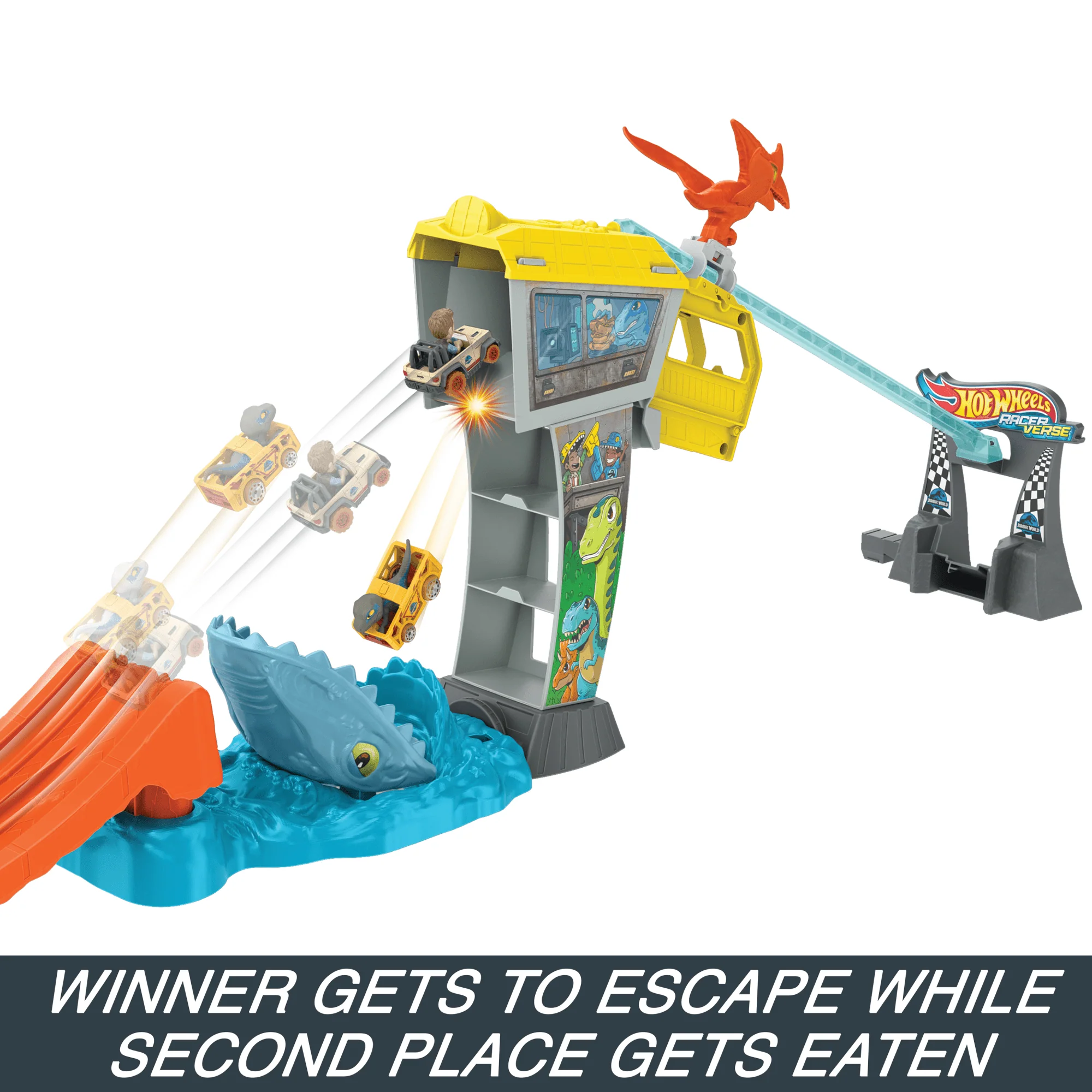 Hot Wheels Racerverse Jurassic World Blue's Raptor Rush Track Set With 2 Toy Die-Cast Vehicles