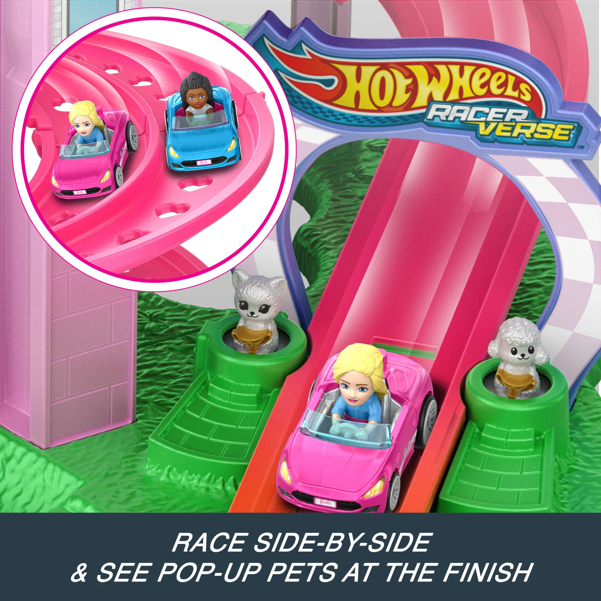 Hot Wheels Racerverse Barbie Spiral Race Track Set With Barbie ��Malibu�� & Barbie ��Brooklyn�� Toy Cars