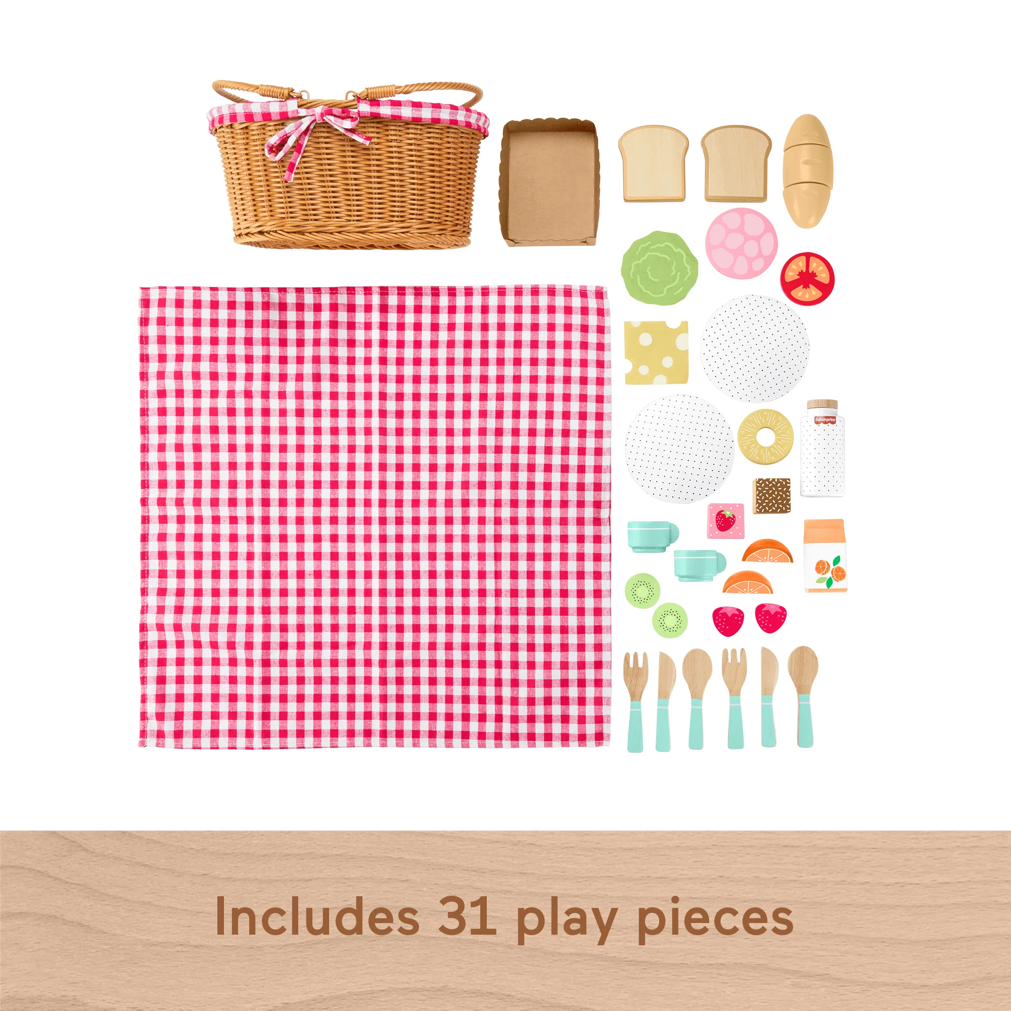 Fisher-Price Wood Pretend Play Toy Picnic Basket, 31-Piece Wooden Food Playset For Preschool Kids Ages 3+ Years