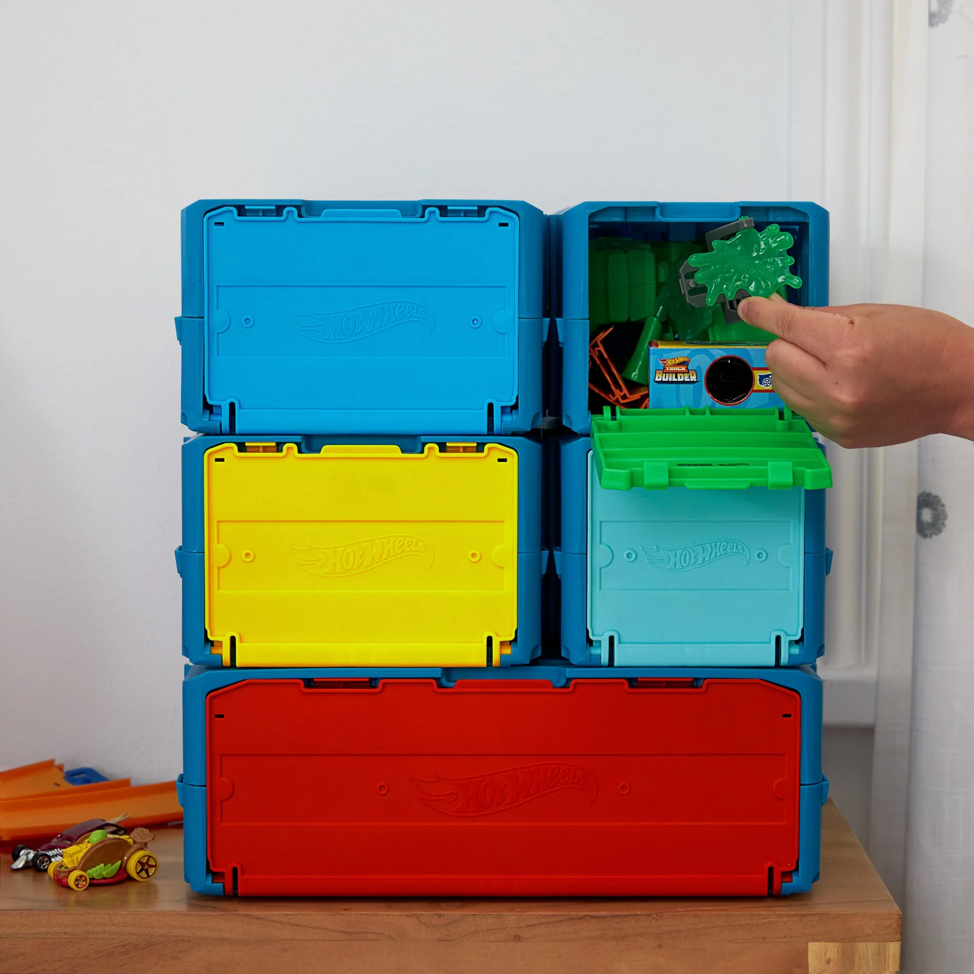 Hot Wheels Track Set And Toy Car, 10 Toxic-themed Track Building Pieces With Storage Box