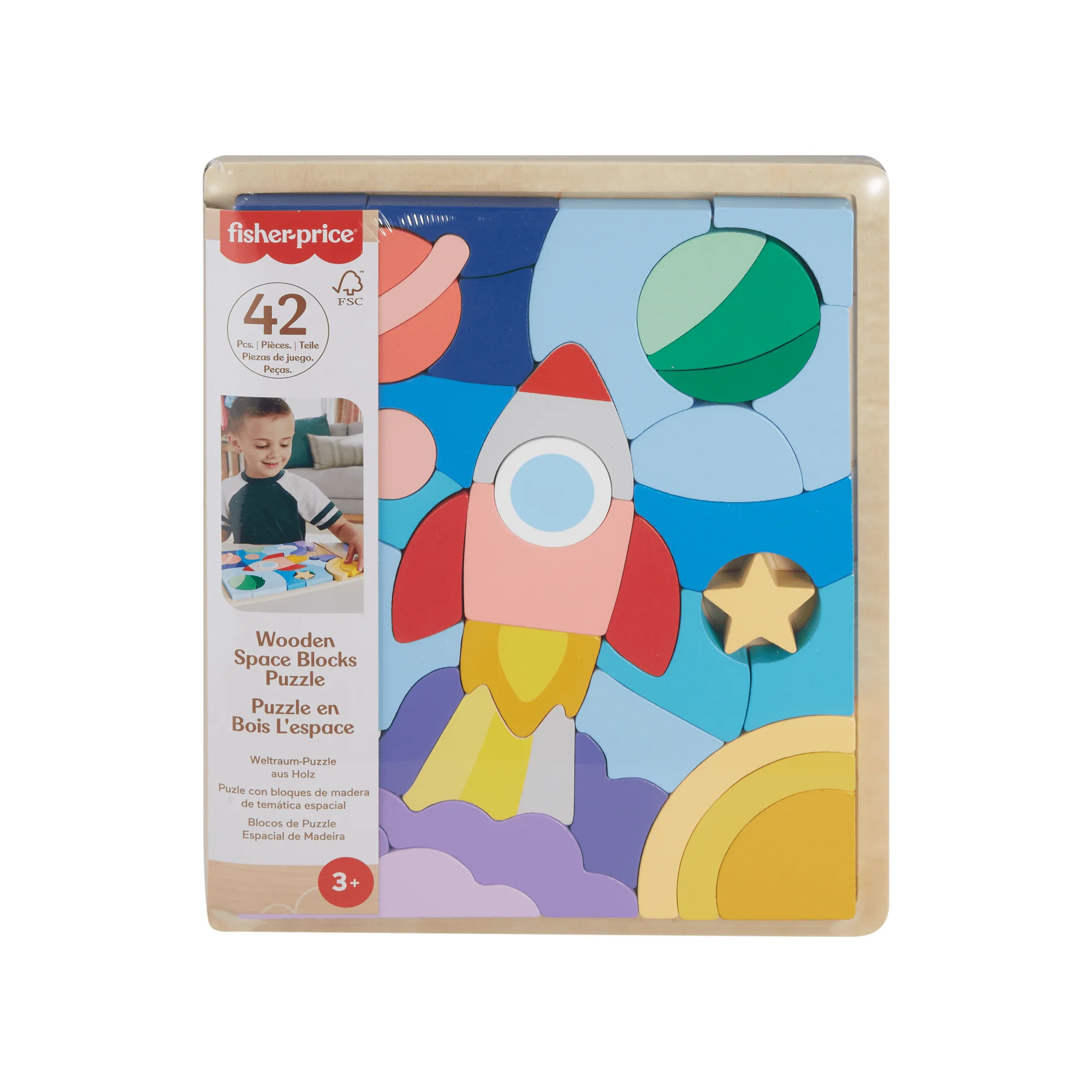 Fisher-Price Wooden Space Blocks Puzzle For Preschool Kids, 42 Wood Pieces
