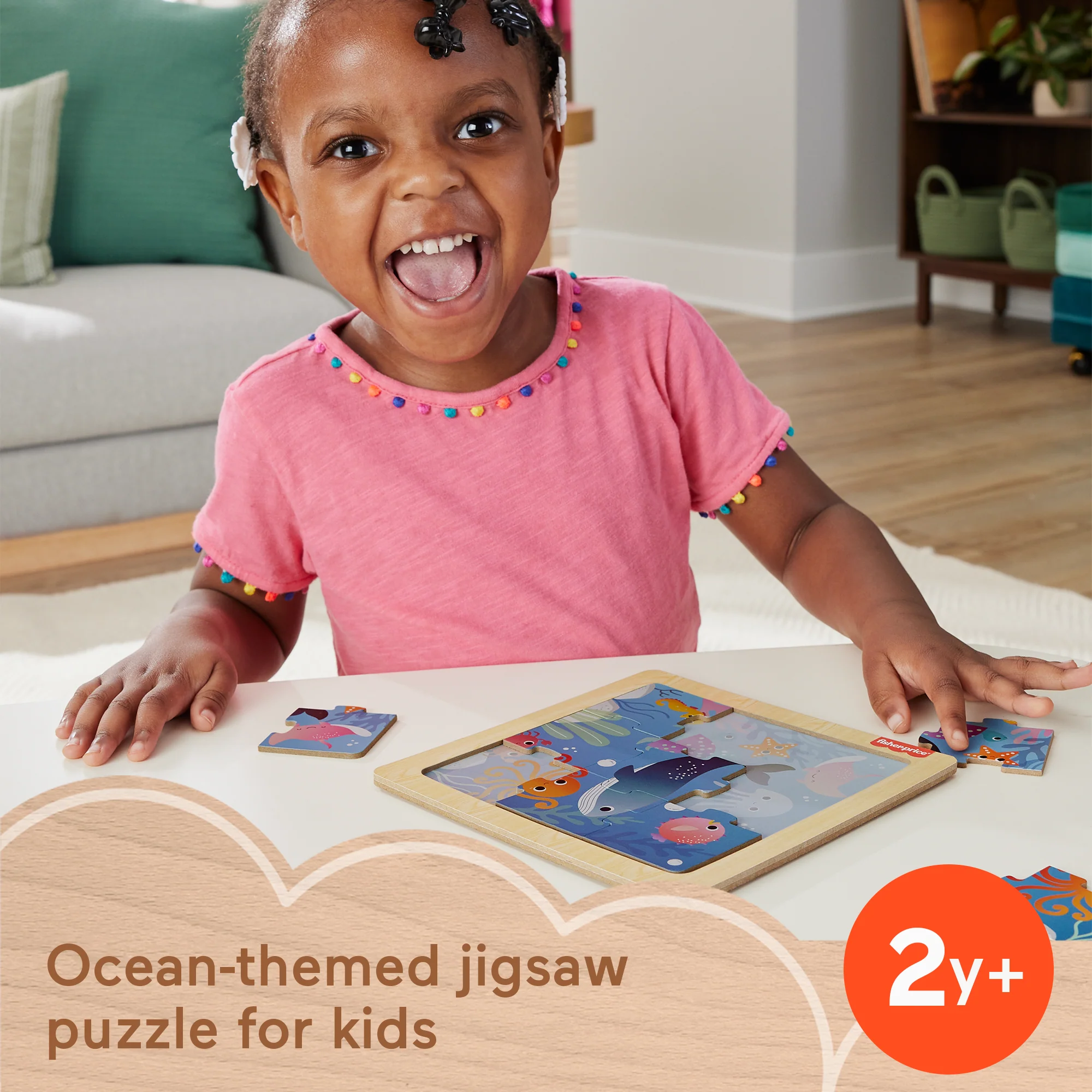 Fisher-Price Wooden Jigsaw Puzzle Ocean Sea Theme For Toddlers & Preschool Kids, 9 Wood Pieces