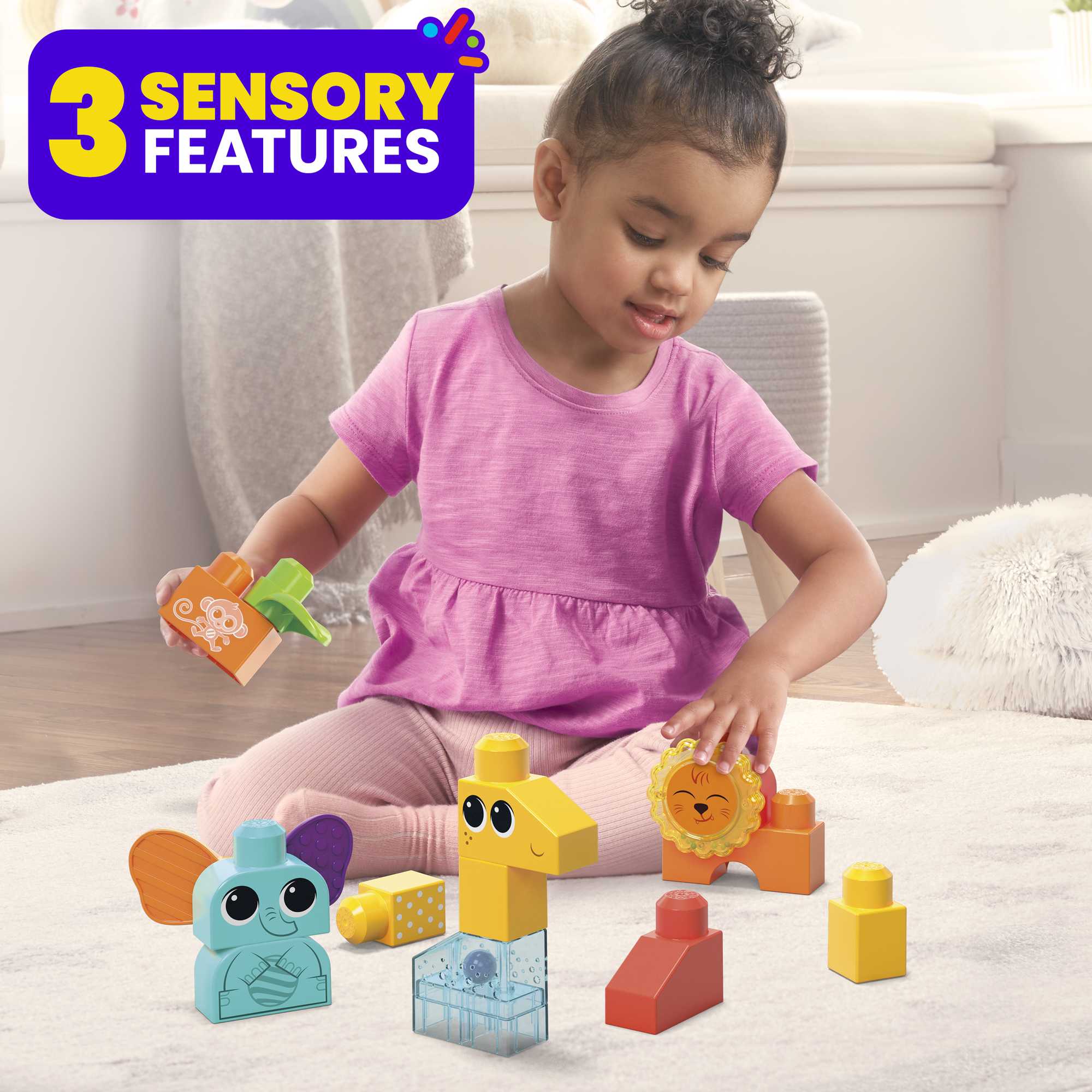 MEGA BLOKS Fisher-Price Sensory Toy Blocks Rock N Rattle Safari (15 Pieces) For Toddler