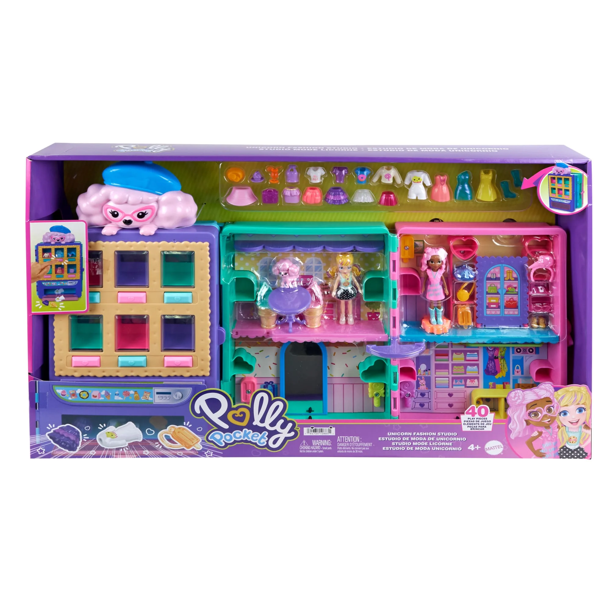 Polly Pocket Candy Style Fashion Drop Playset With 2 Dolls (3-inch), Vending Machine, 35+ Accessories